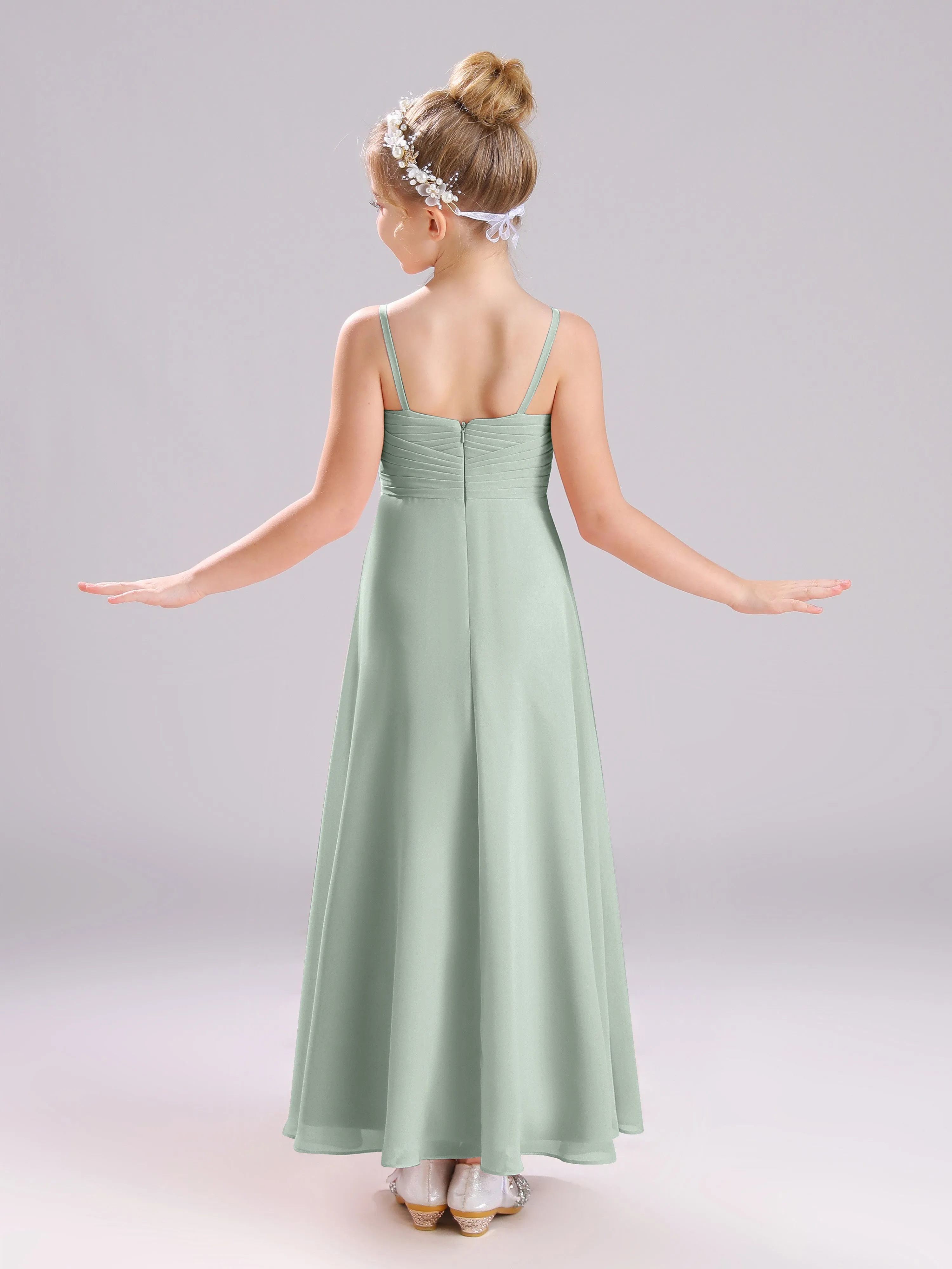 Spaghetti Straps V-Neck Pleats Long Chiffon Junior Bridesmaid Dresses