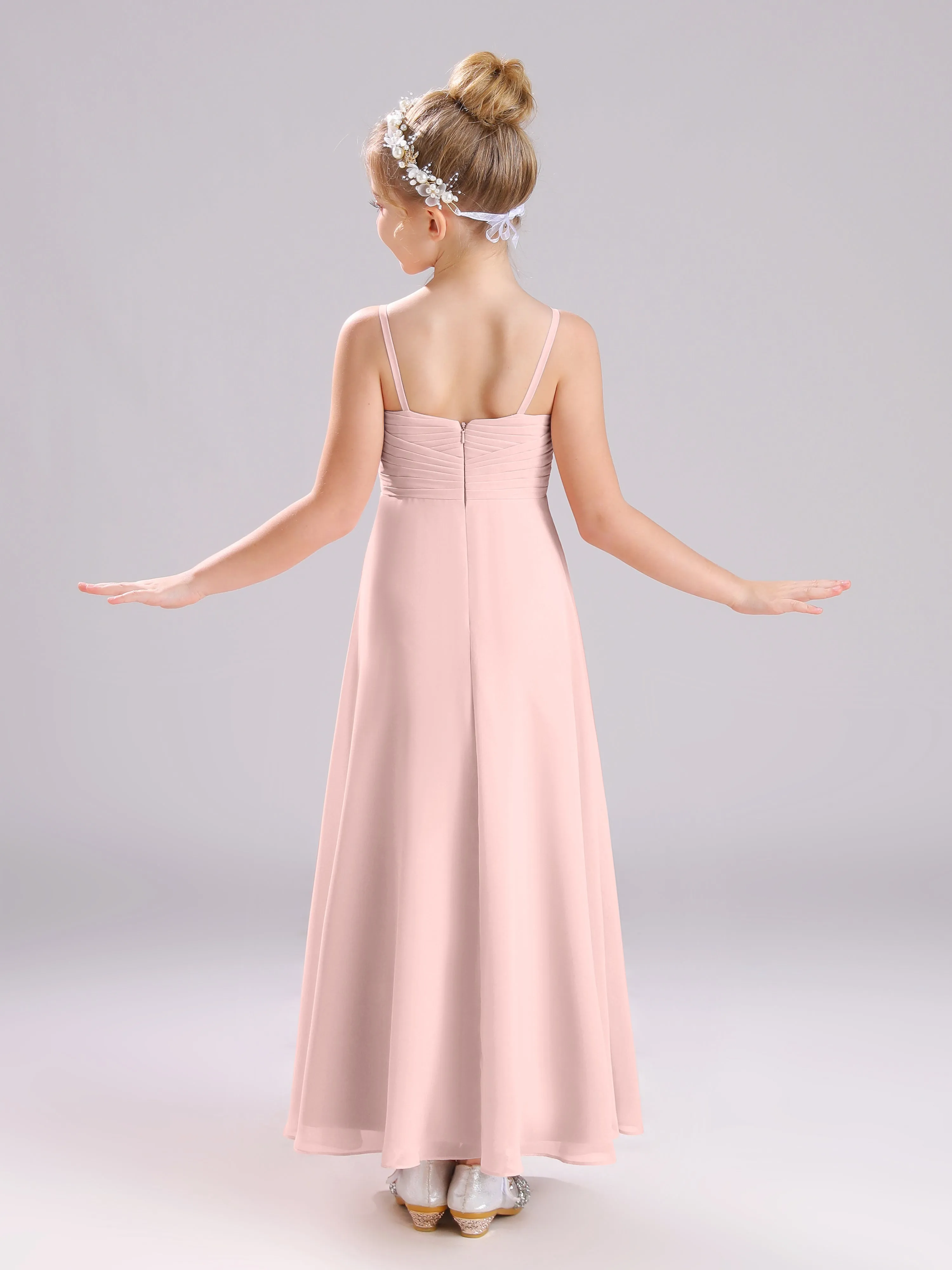 Spaghetti Straps V-Neck Pleats Long Chiffon Junior Bridesmaid Dresses