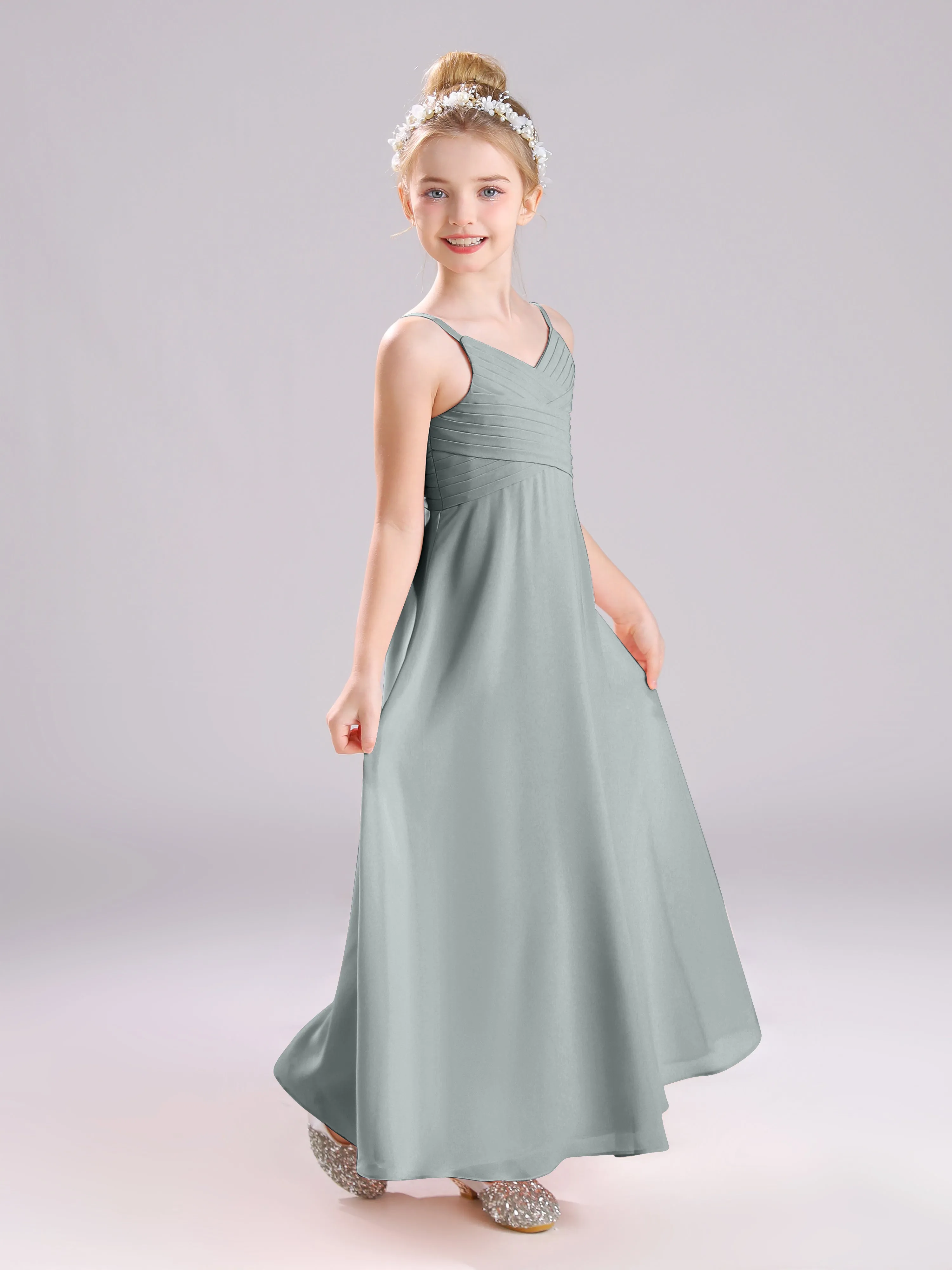 Spaghetti Straps V-Neck Pleats Long Chiffon Junior Bridesmaid Dresses