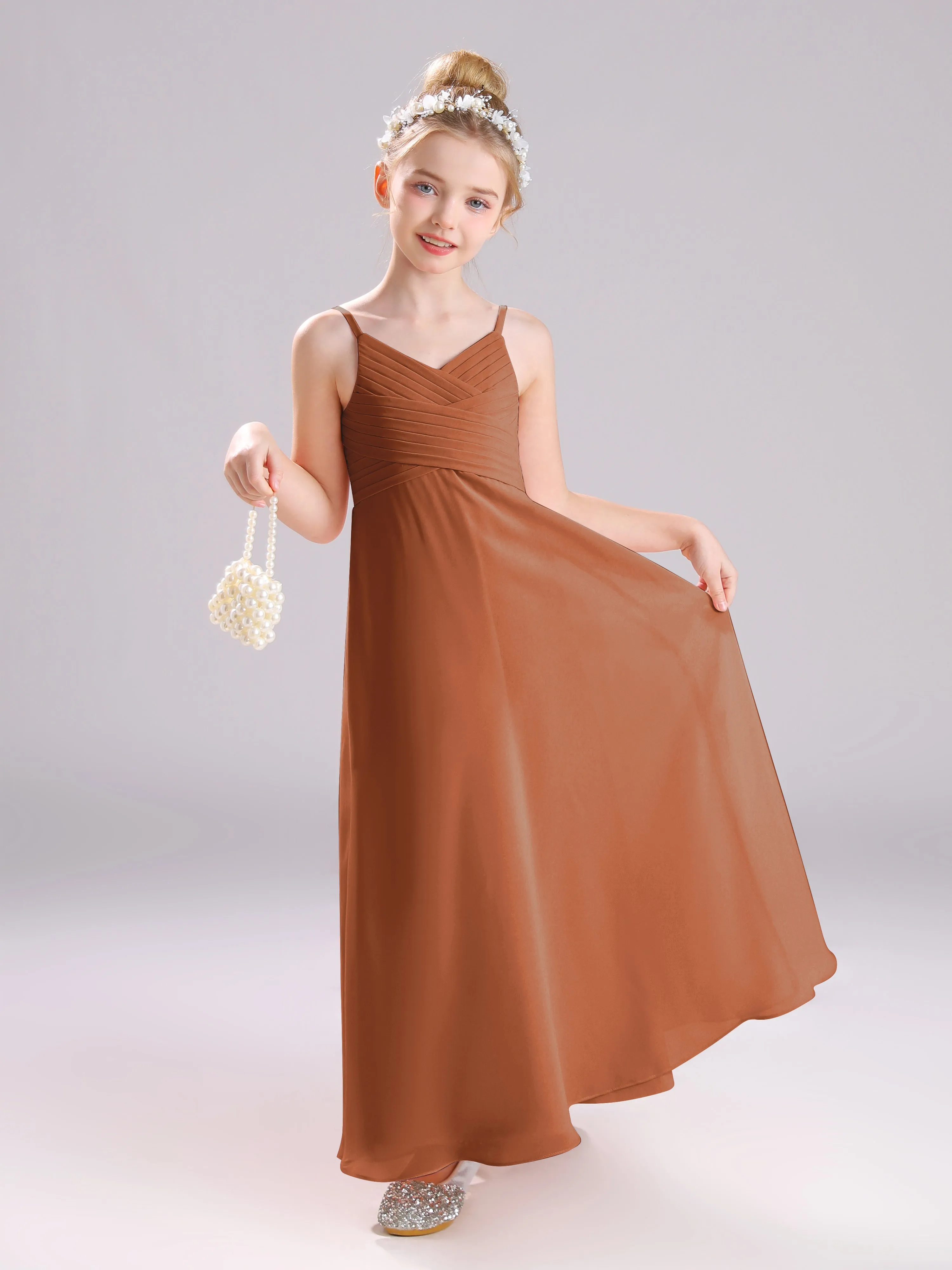 Spaghetti Straps V-Neck Pleats Long Chiffon Junior Bridesmaid Dresses