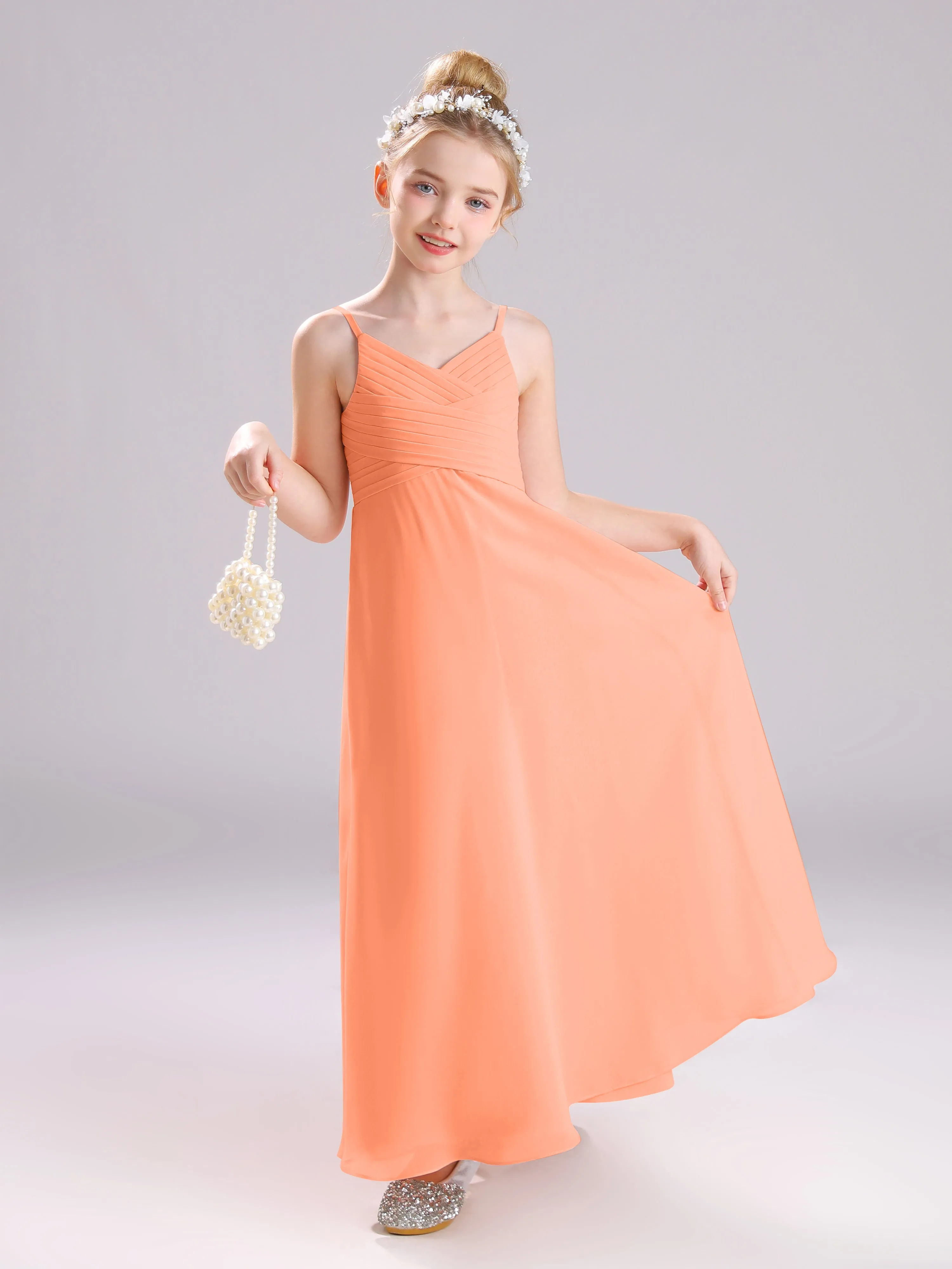 Spaghetti Straps V-Neck Pleats Long Chiffon Junior Bridesmaid Dresses