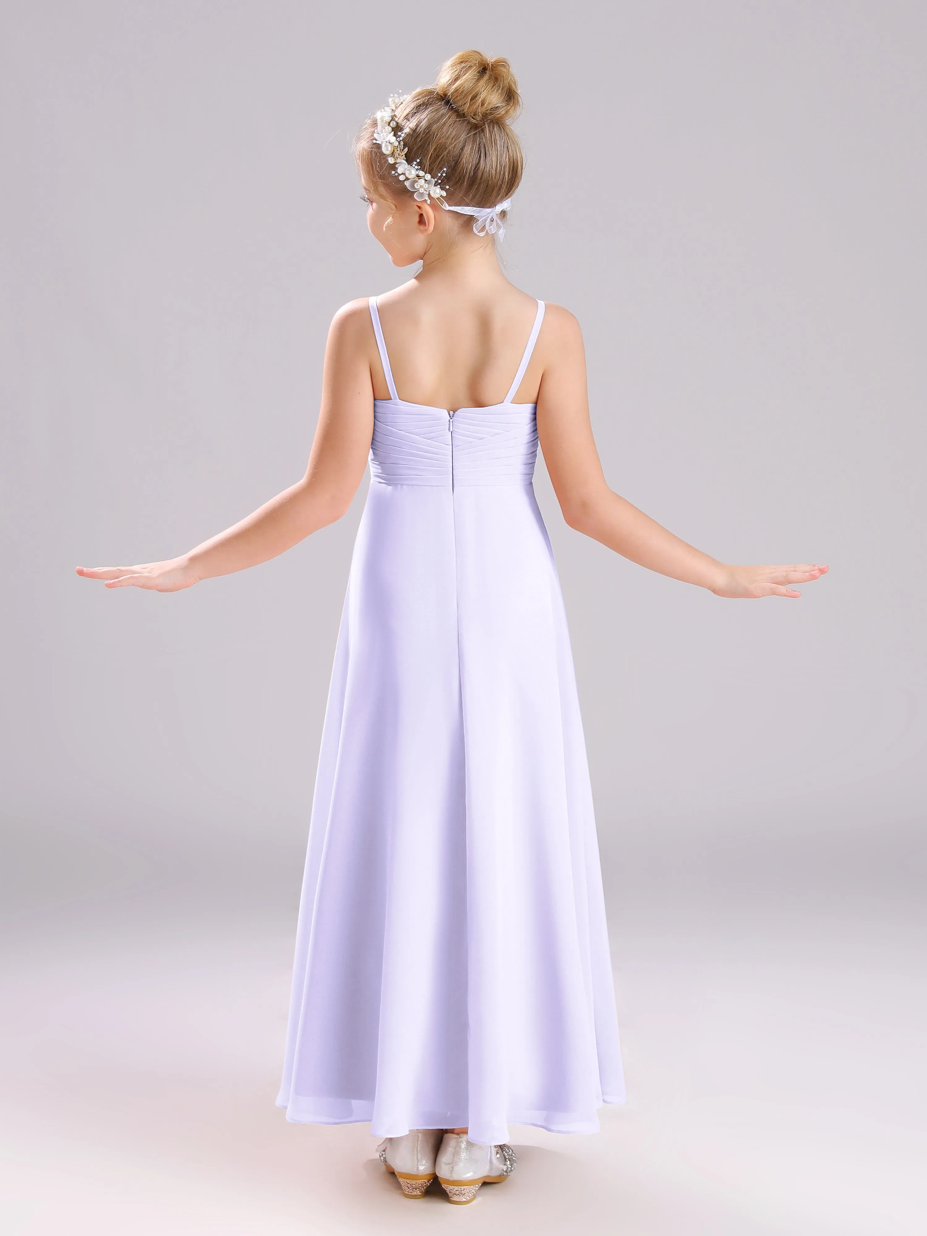 Spaghetti Straps V-Neck Pleats Long Chiffon Junior Bridesmaid Dresses