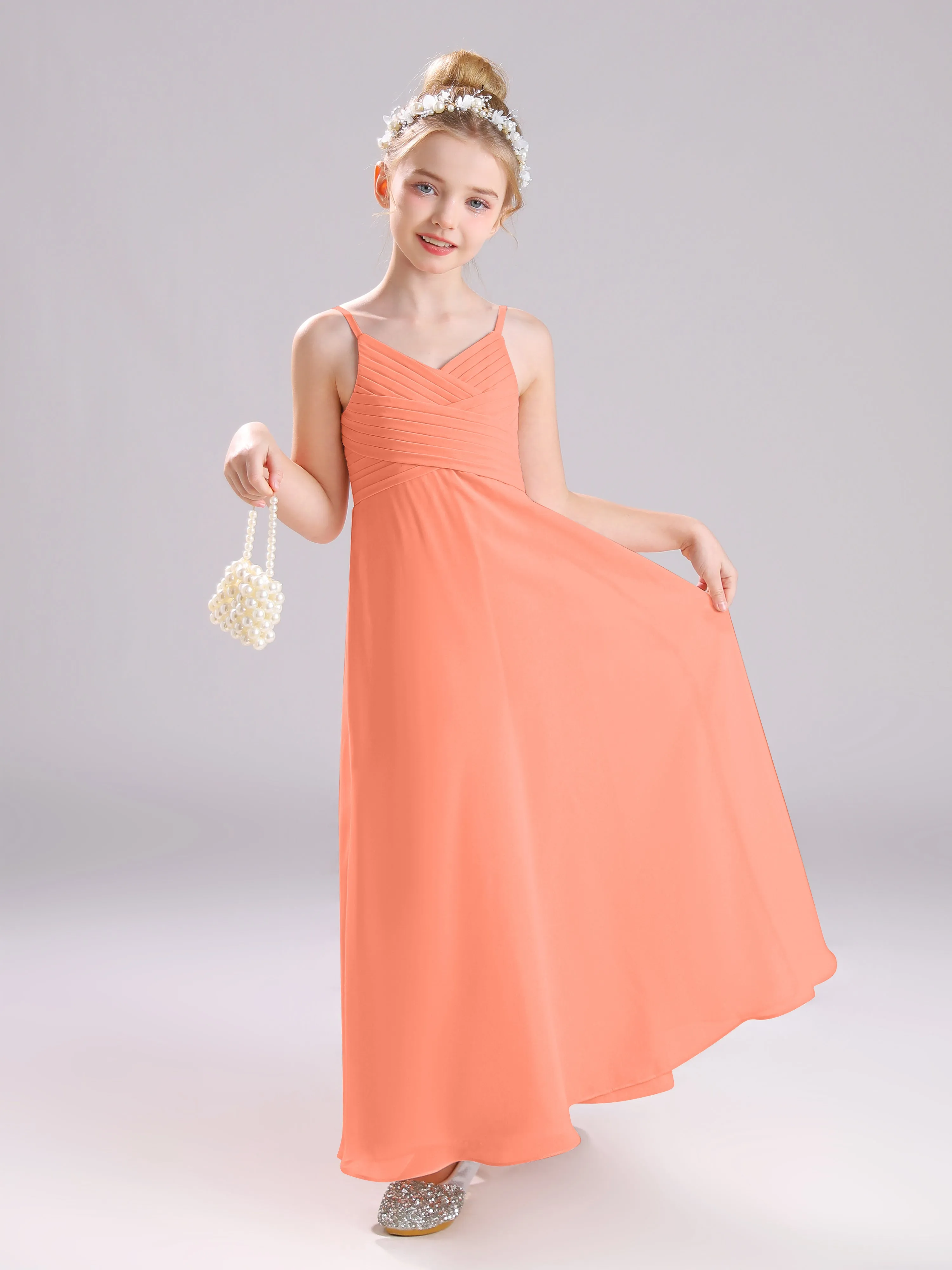 Spaghetti Straps V-Neck Pleats Long Chiffon Junior Bridesmaid Dresses