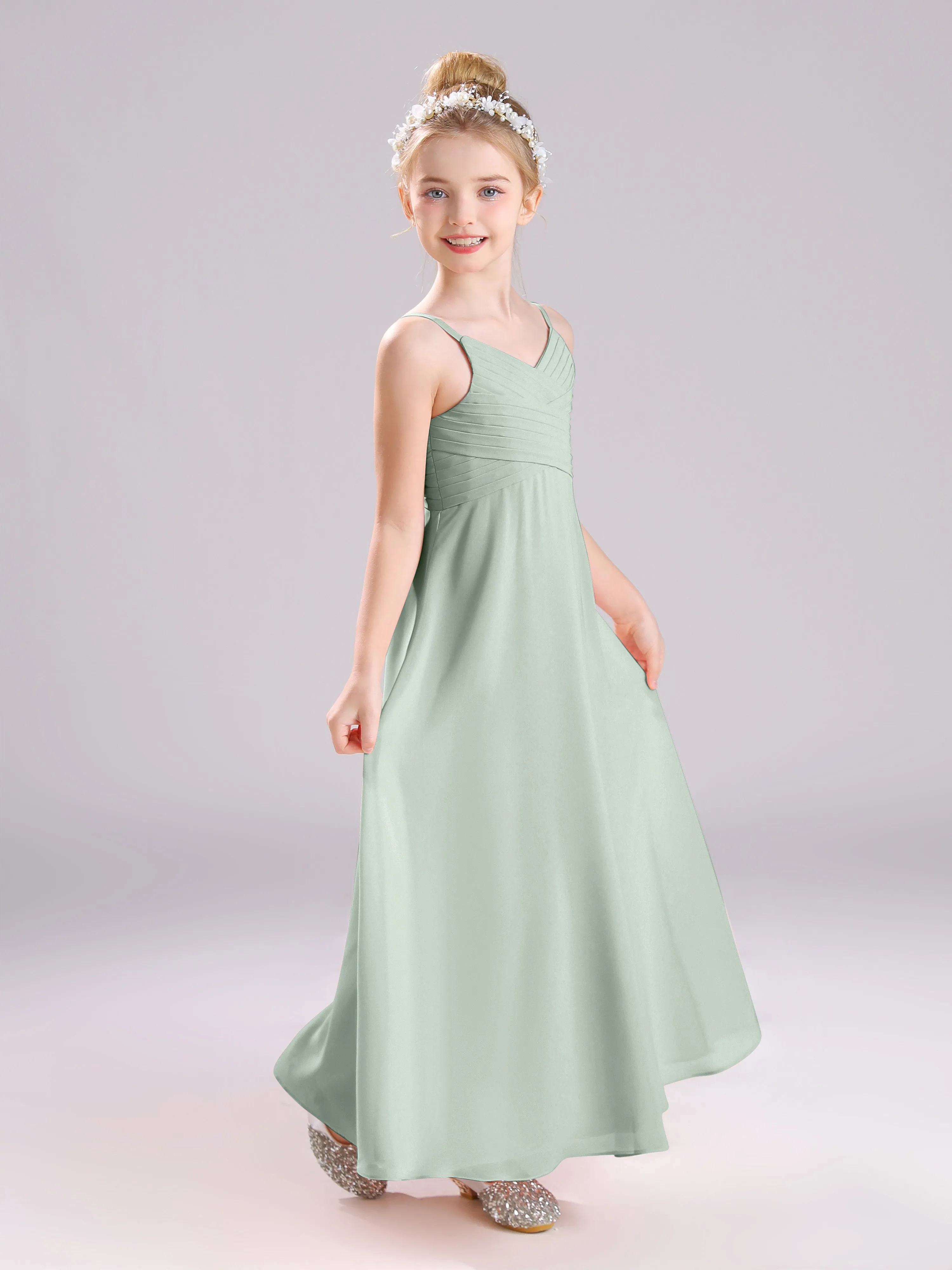 Spaghetti Straps V-Neck Pleats Long Chiffon Junior Bridesmaid Dresses