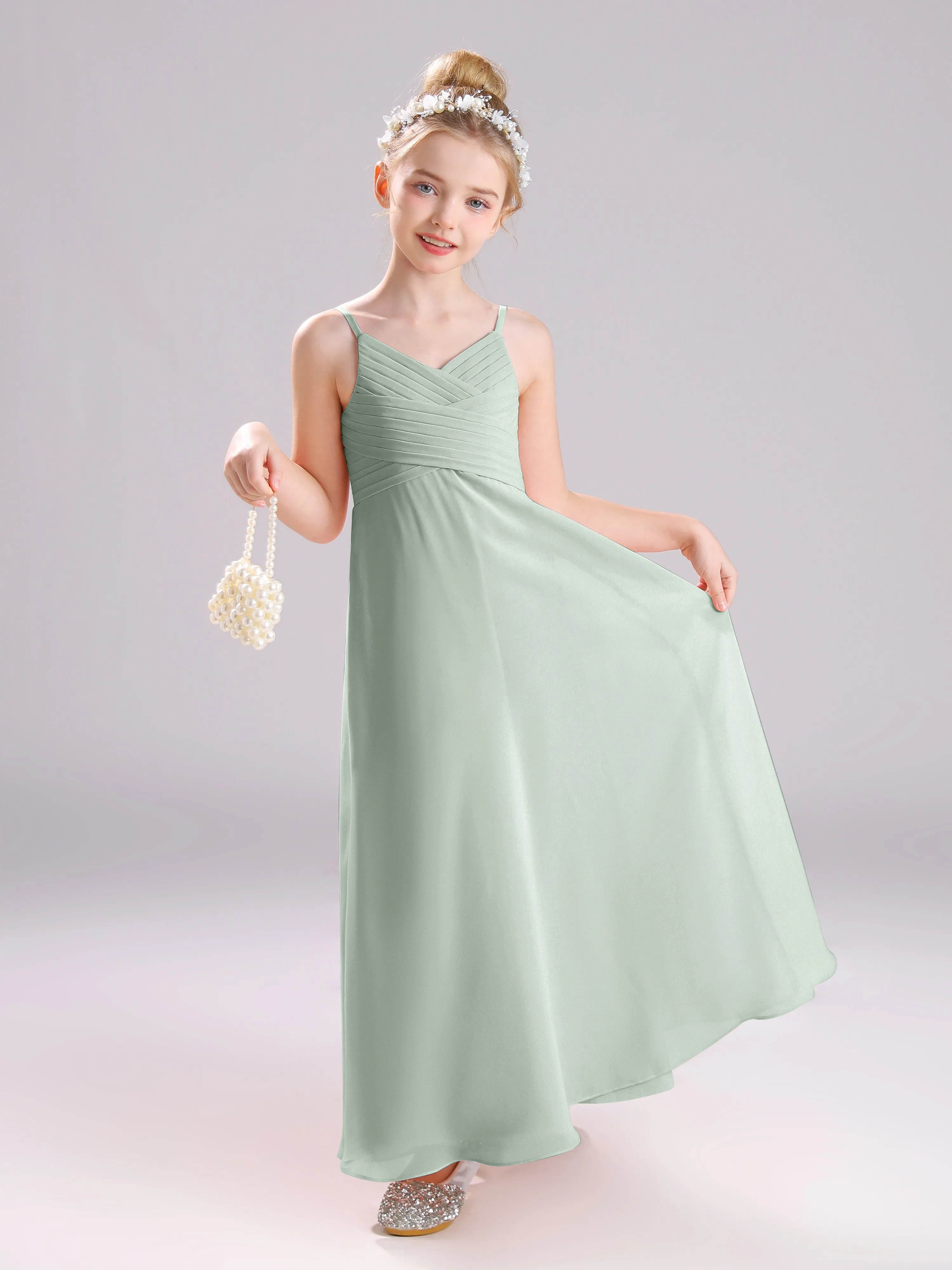 Spaghetti Straps V-Neck Pleats Long Chiffon Junior Bridesmaid Dresses