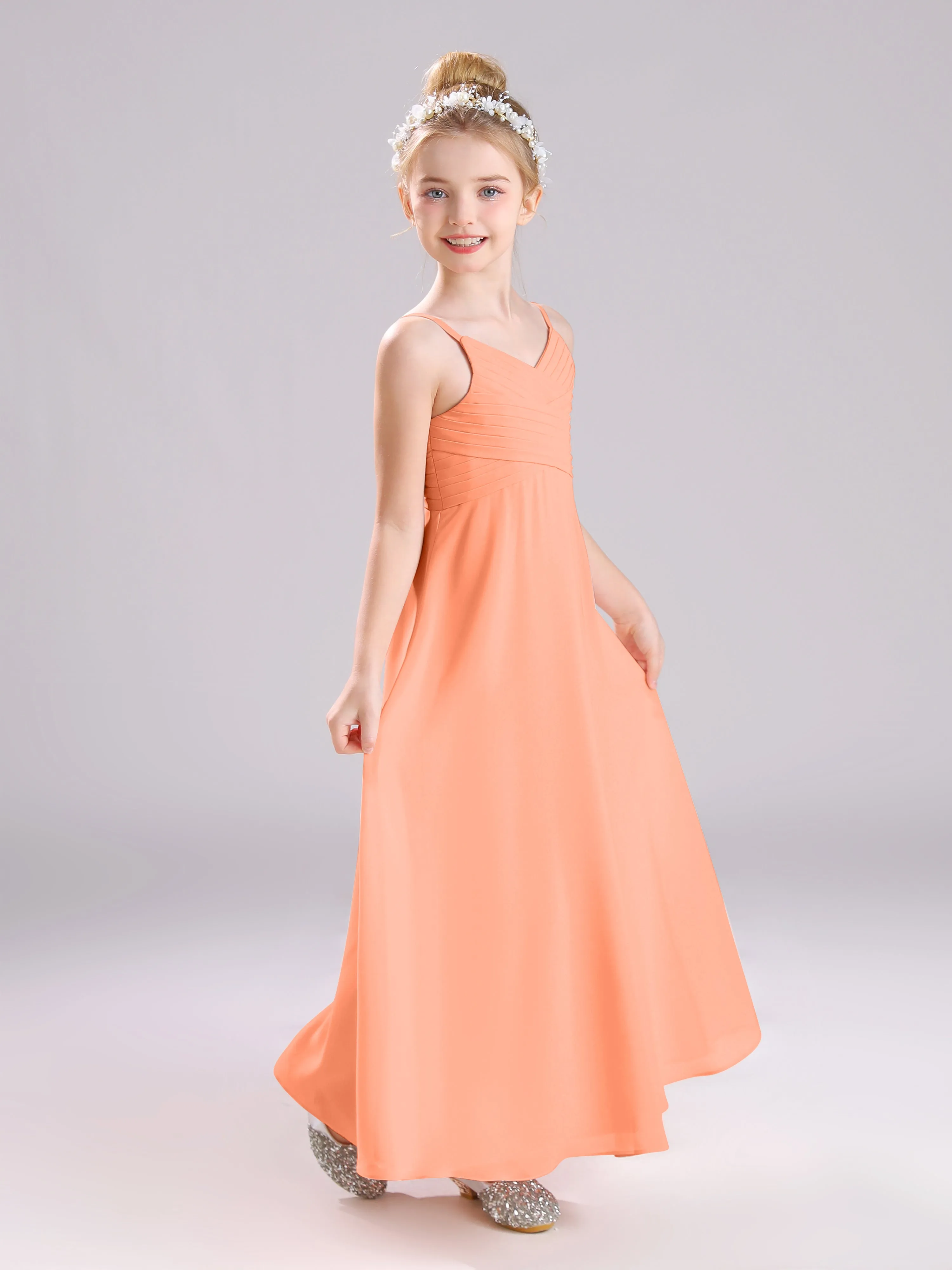 Spaghetti Straps V-Neck Pleats Long Chiffon Junior Bridesmaid Dresses