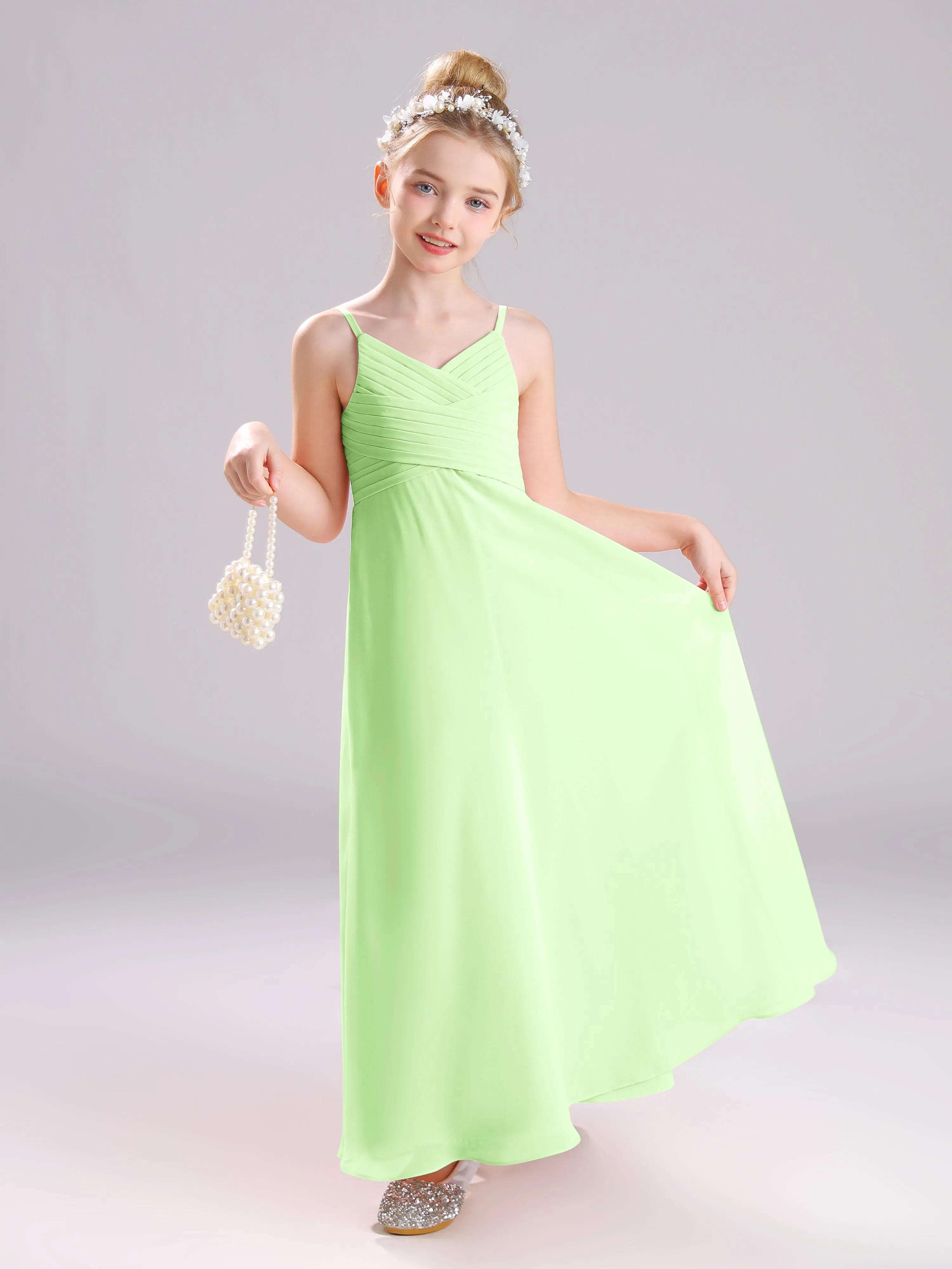 Spaghetti Straps V-Neck Pleats Long Chiffon Junior Bridesmaid Dresses