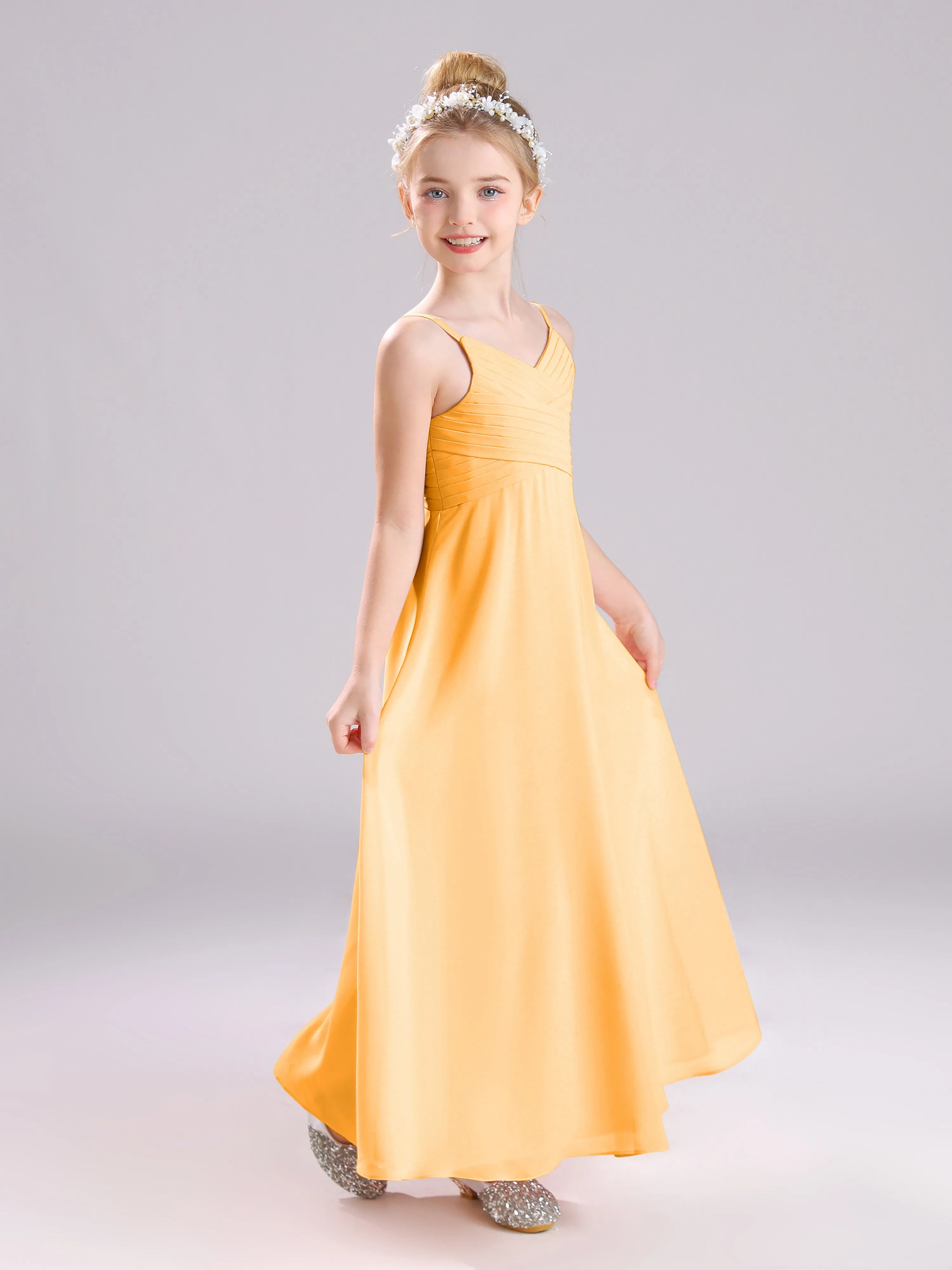 Spaghetti Straps V-Neck Pleats Long Chiffon Junior Bridesmaid Dresses