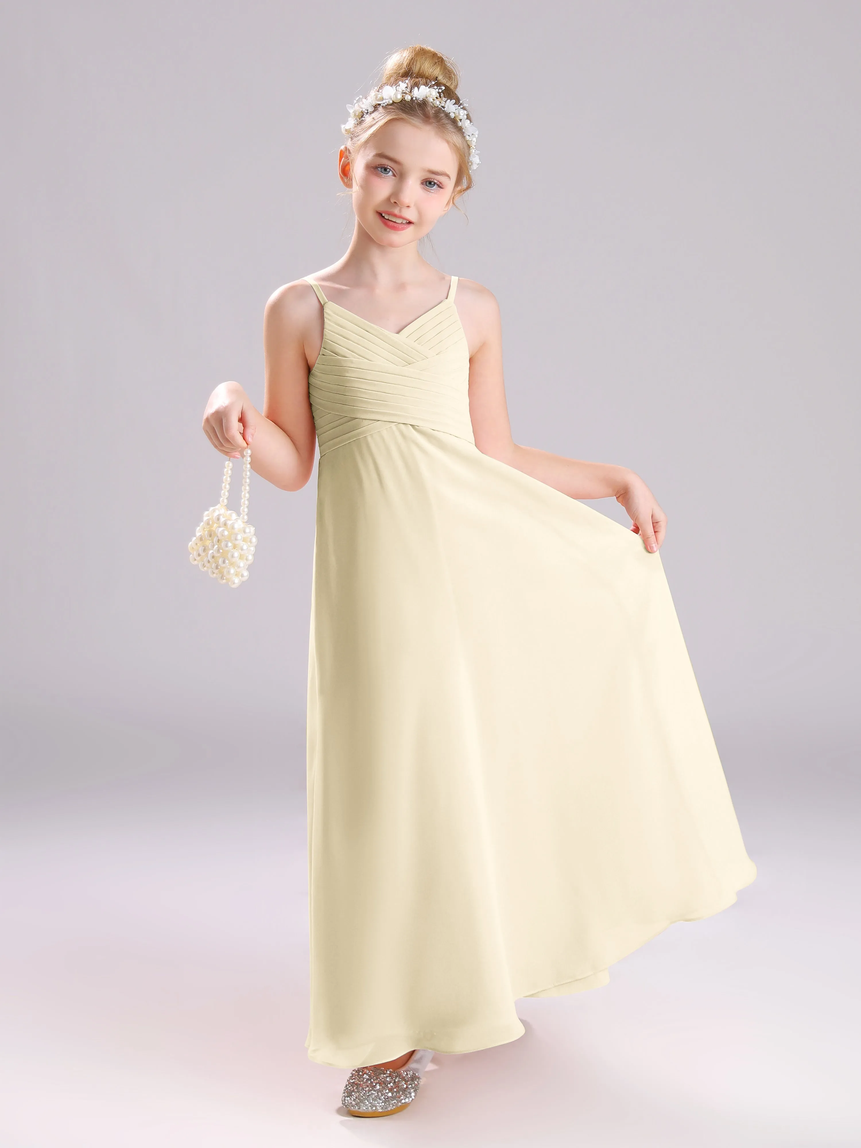 Spaghetti Straps V-Neck Pleats Long Chiffon Junior Bridesmaid Dresses