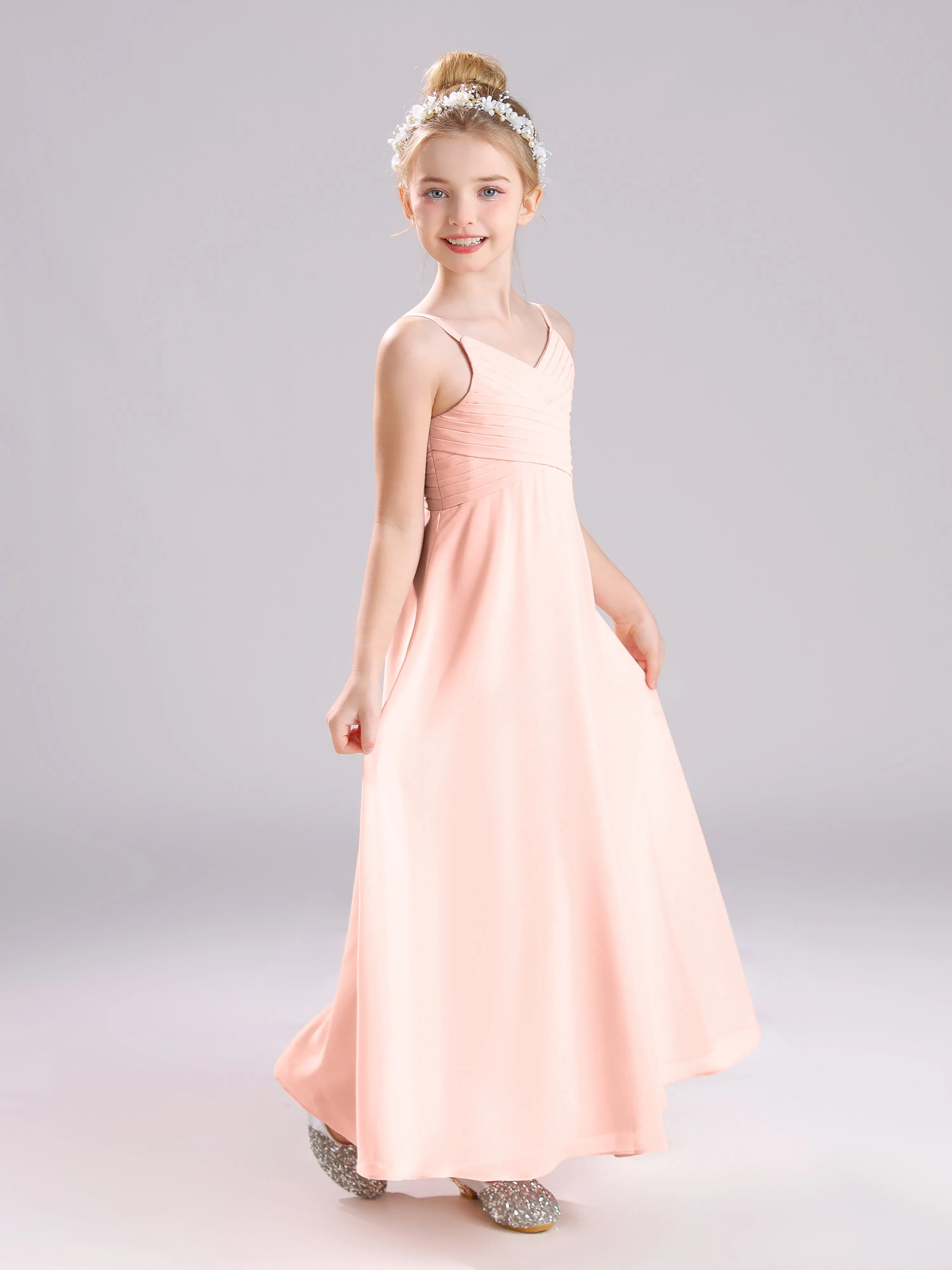 Spaghetti Straps V-Neck Pleats Long Chiffon Junior Bridesmaid Dresses