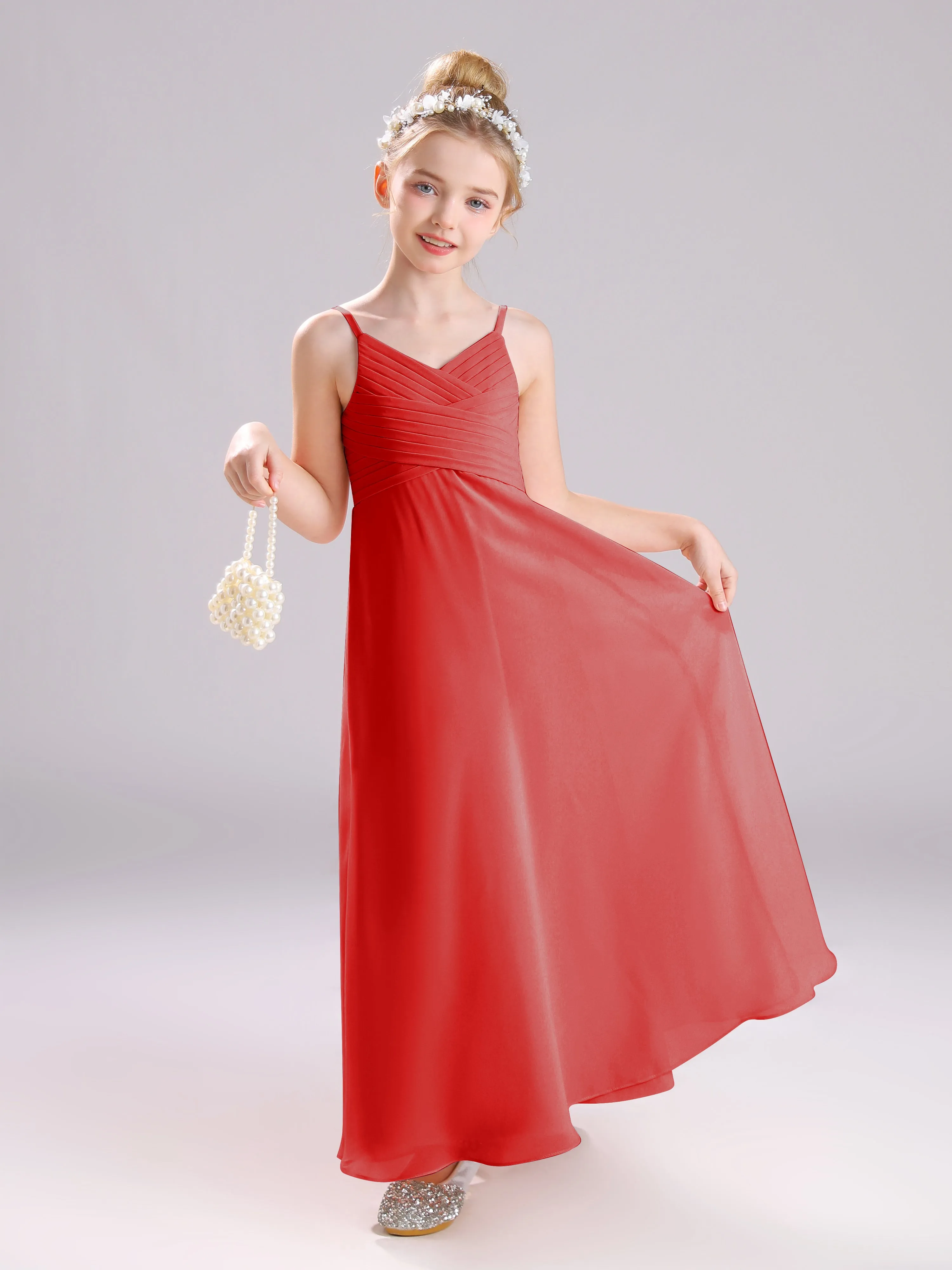 Spaghetti Straps V-Neck Pleats Long Chiffon Junior Bridesmaid Dresses