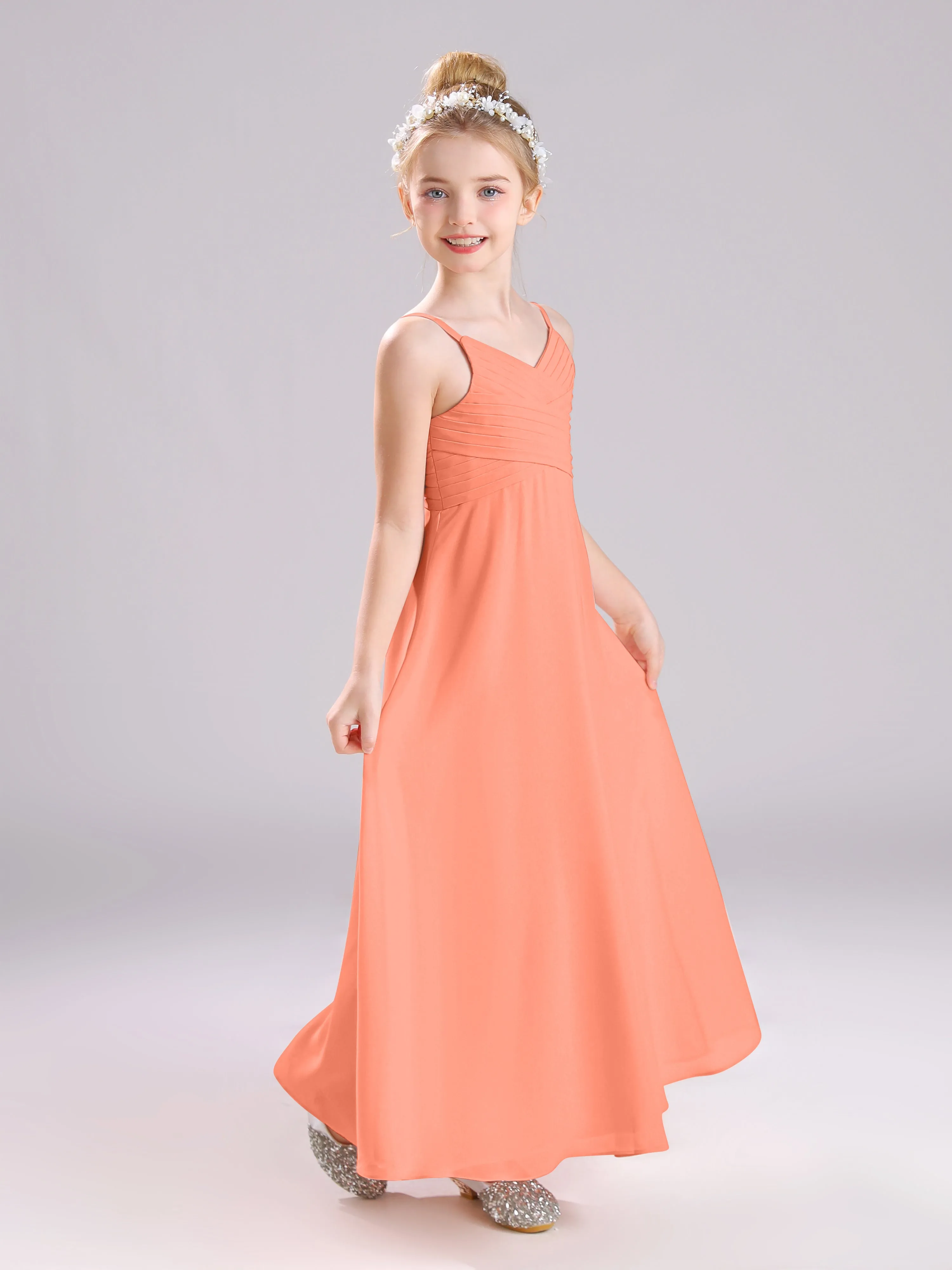 Spaghetti Straps V-Neck Pleats Long Chiffon Junior Bridesmaid Dresses