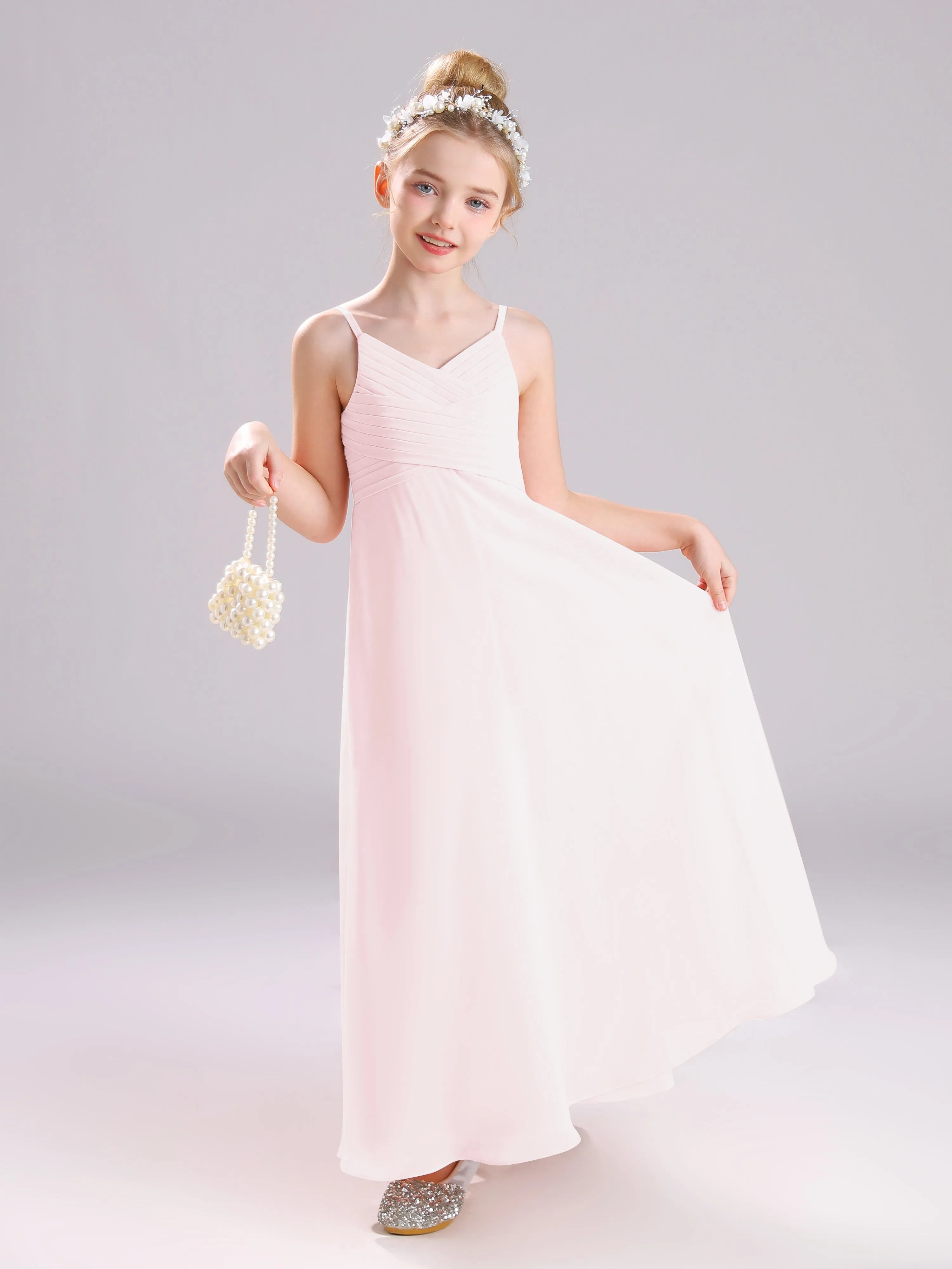 Spaghetti Straps V-Neck Pleats Long Chiffon Junior Bridesmaid Dresses