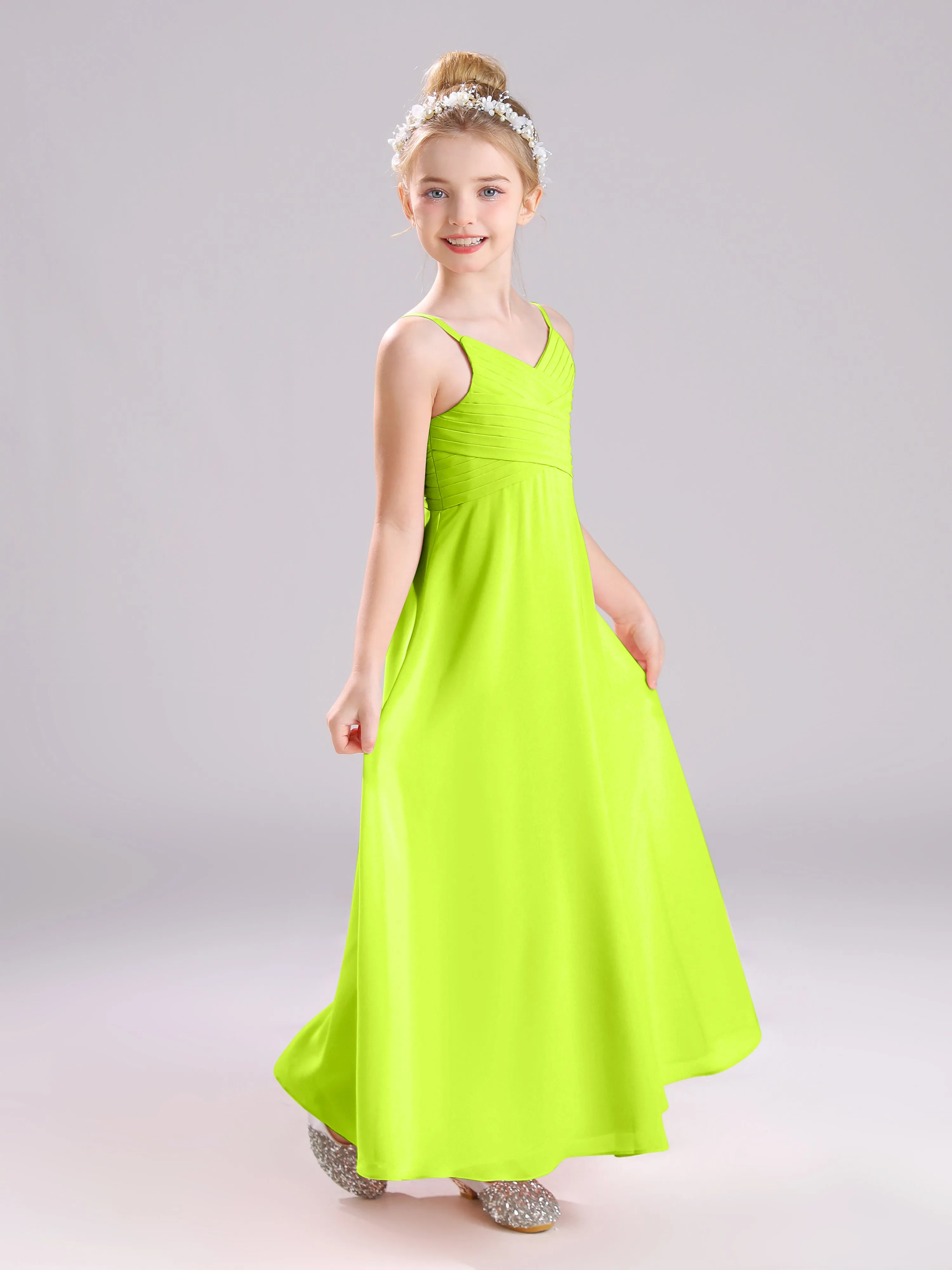 Spaghetti Straps V-Neck Pleats Long Chiffon Junior Bridesmaid Dresses