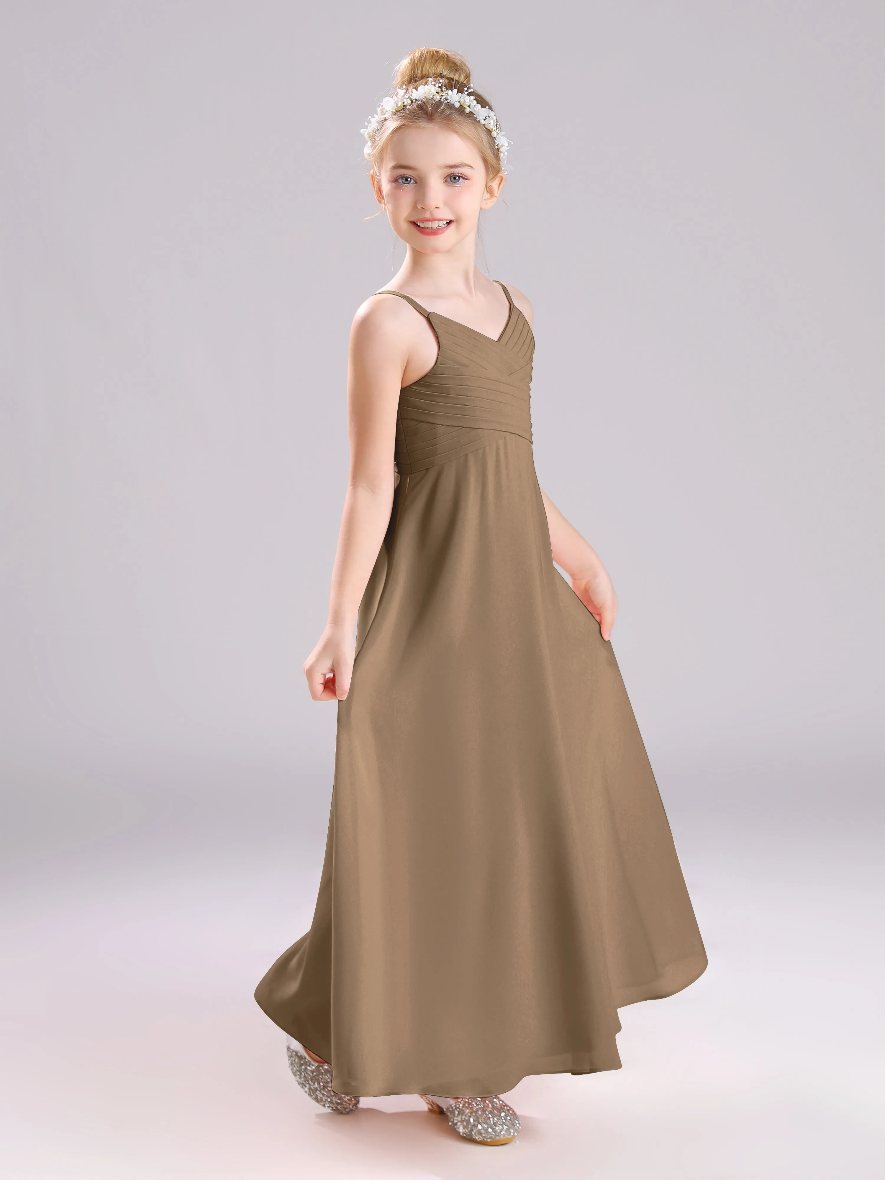 Spaghetti Straps V-Neck Pleats Long Chiffon Junior Bridesmaid Dresses