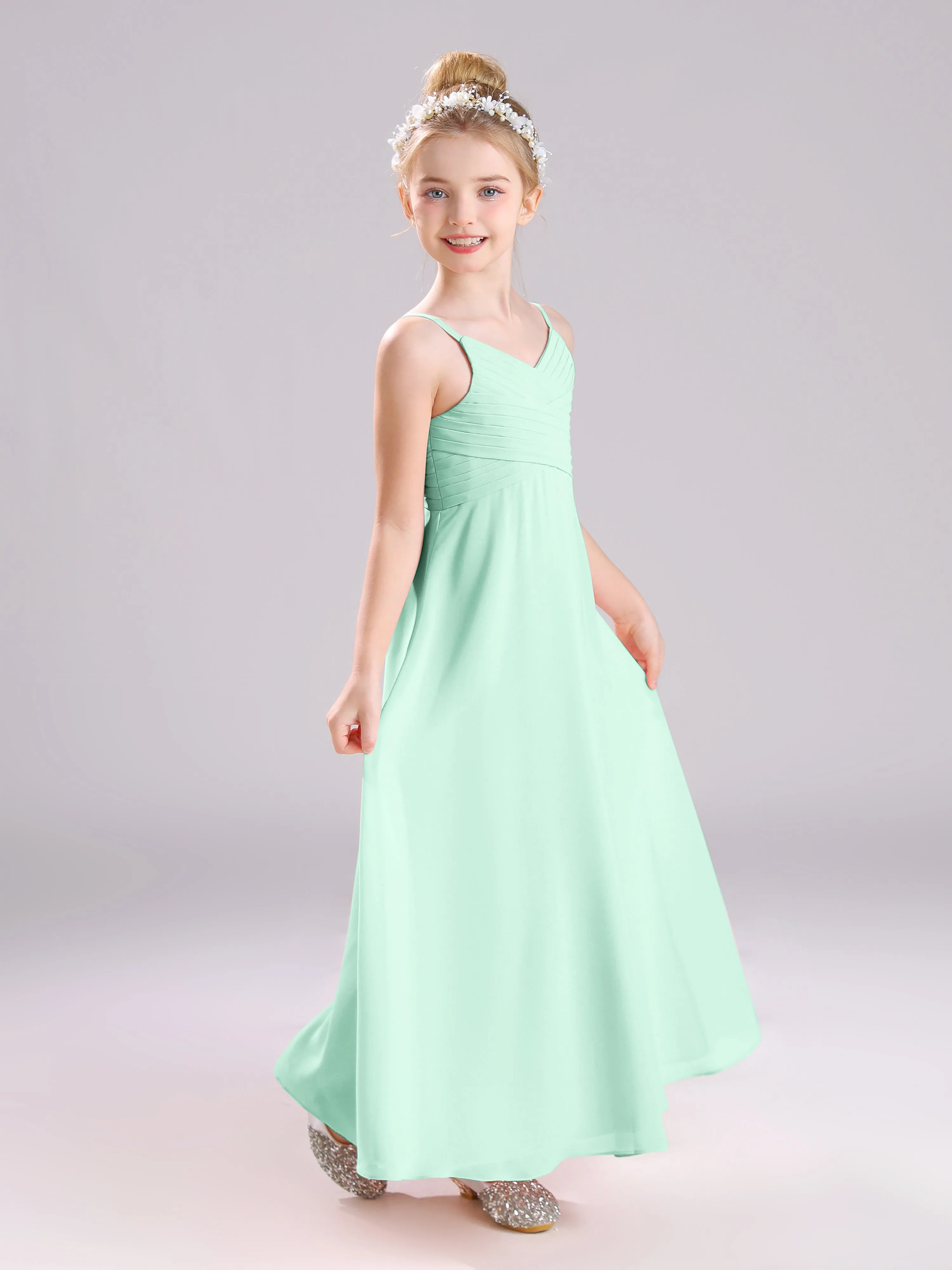 Spaghetti Straps V-Neck Pleats Long Chiffon Junior Bridesmaid Dresses