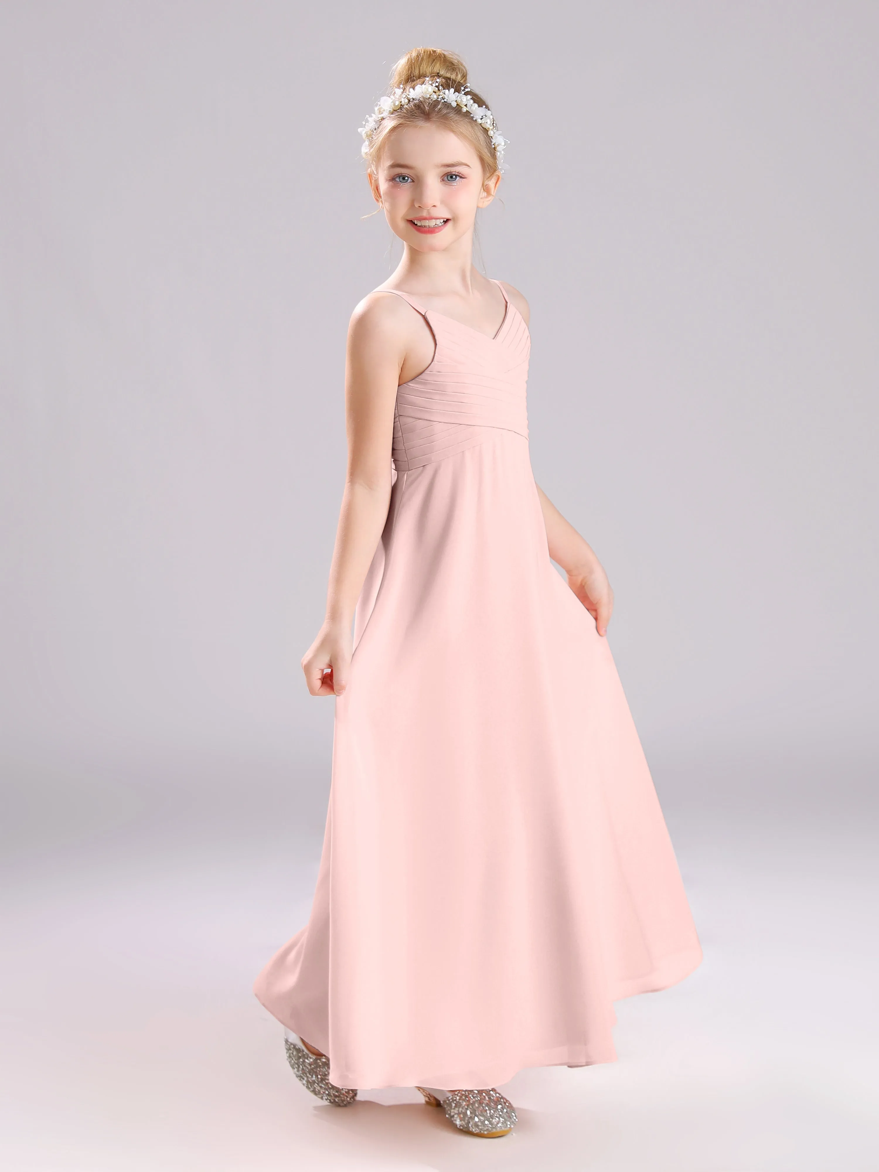 Spaghetti Straps V-Neck Pleats Long Chiffon Junior Bridesmaid Dresses