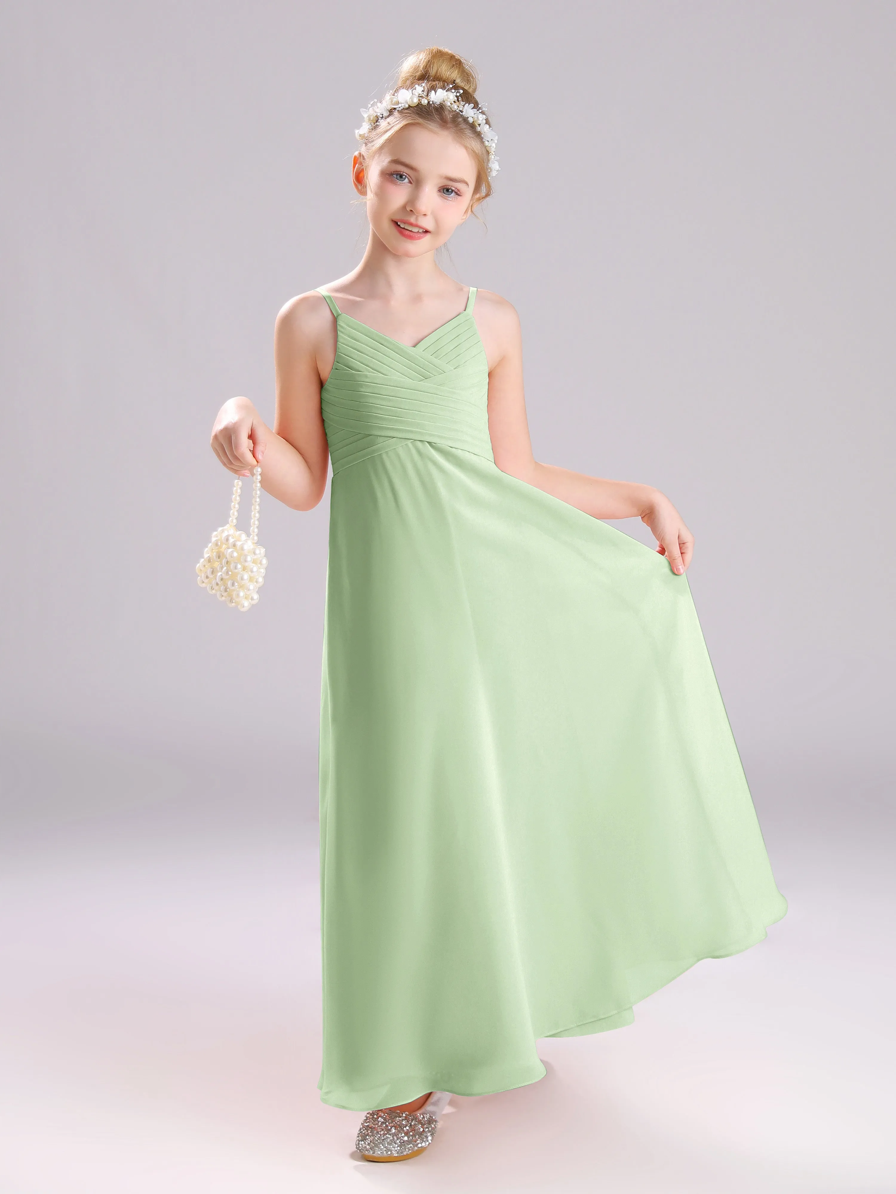 Spaghetti Straps V-Neck Pleats Long Chiffon Junior Bridesmaid Dresses