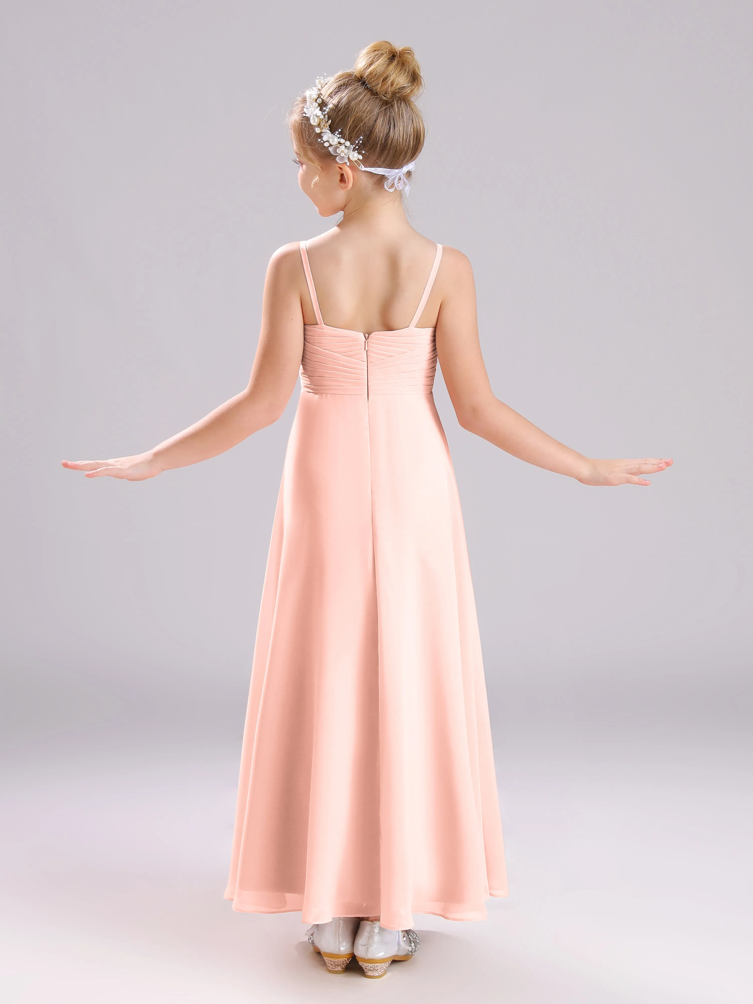 Spaghetti Straps V-Neck Pleats Long Chiffon Junior Bridesmaid Dresses