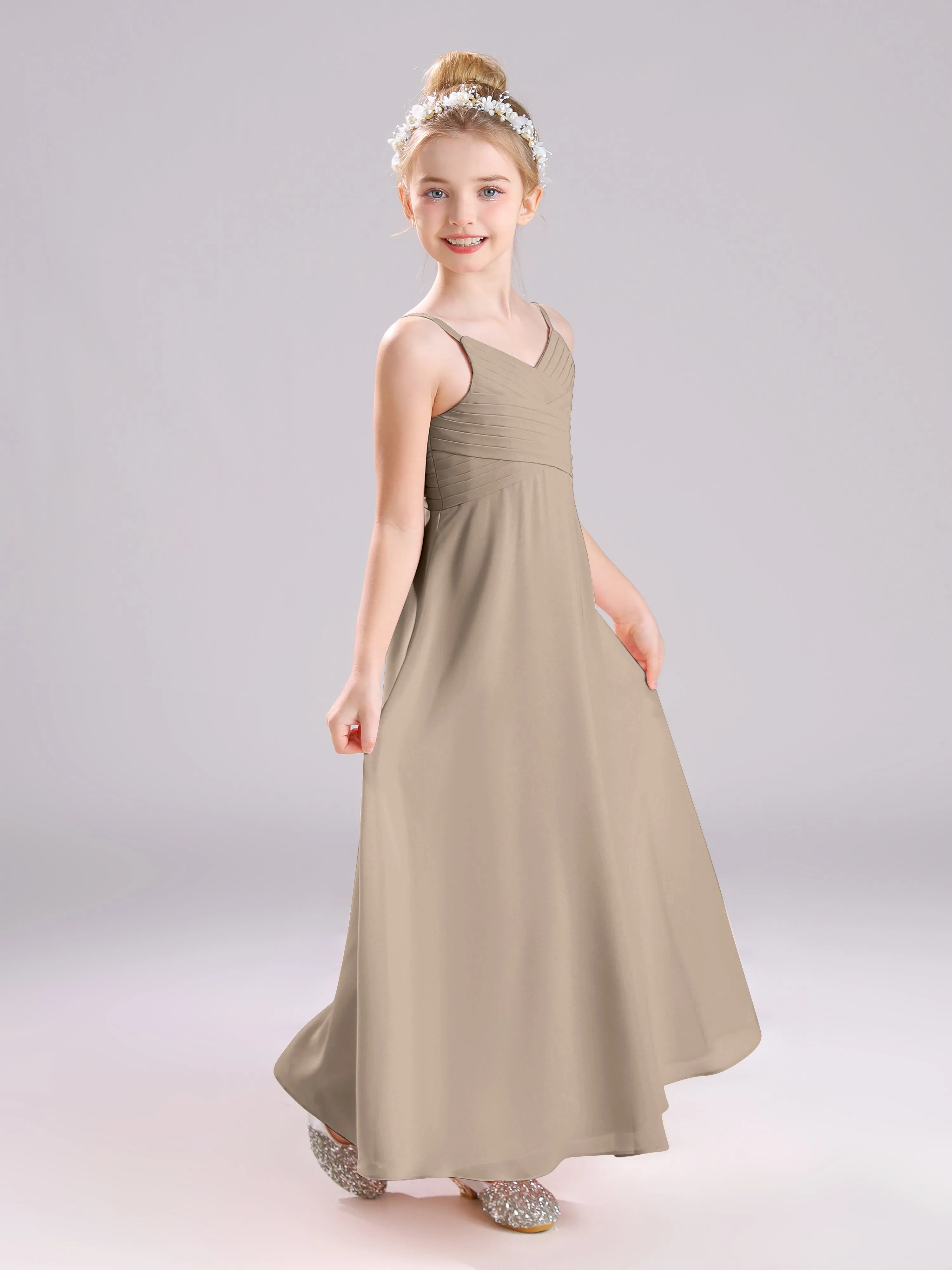 Spaghetti Straps V-Neck Pleats Long Chiffon Junior Bridesmaid Dresses