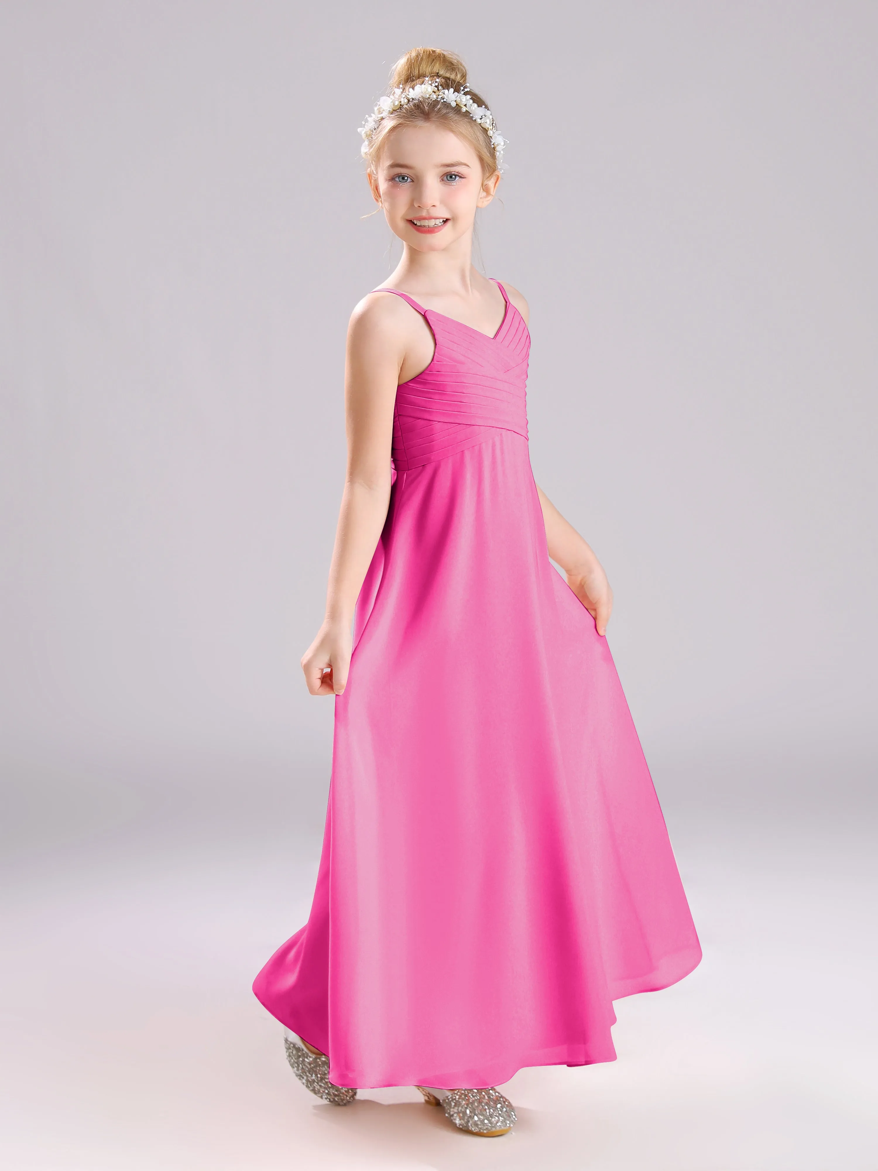 Spaghetti Straps V-Neck Pleats Long Chiffon Junior Bridesmaid Dresses