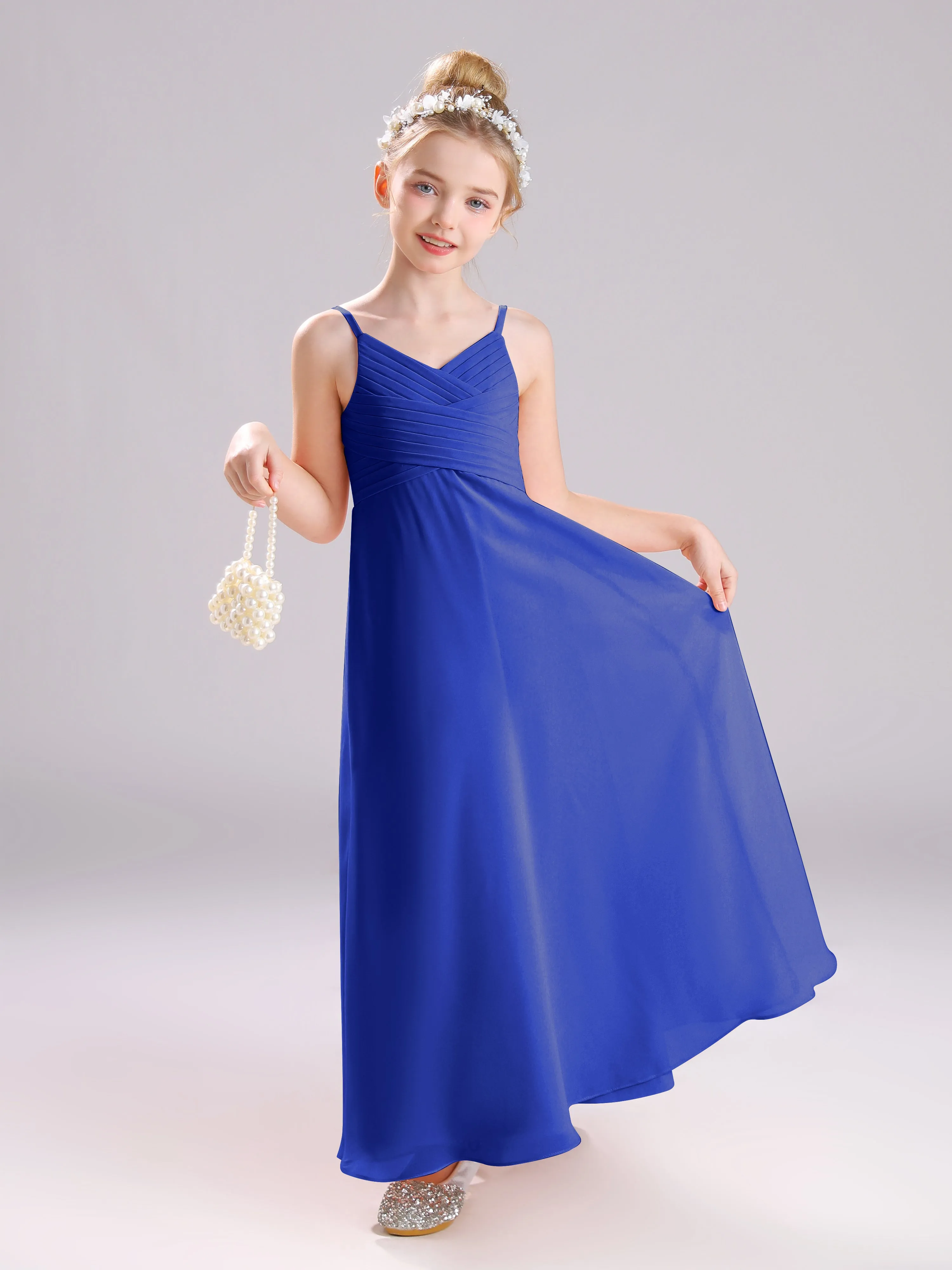 Spaghetti Straps V-Neck Pleats Long Chiffon Junior Bridesmaid Dresses