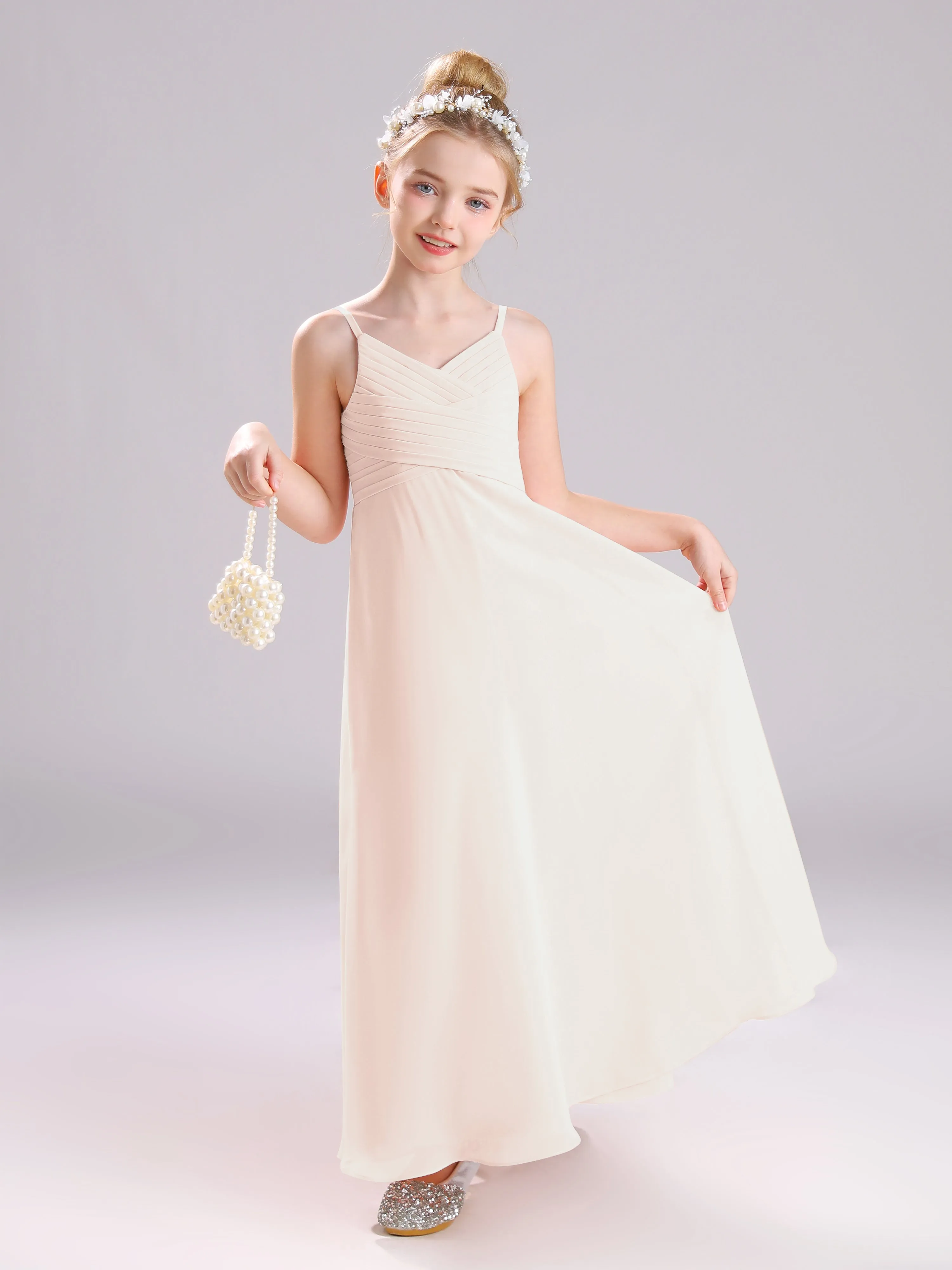 Spaghetti Straps V-Neck Pleats Long Chiffon Junior Bridesmaid Dresses