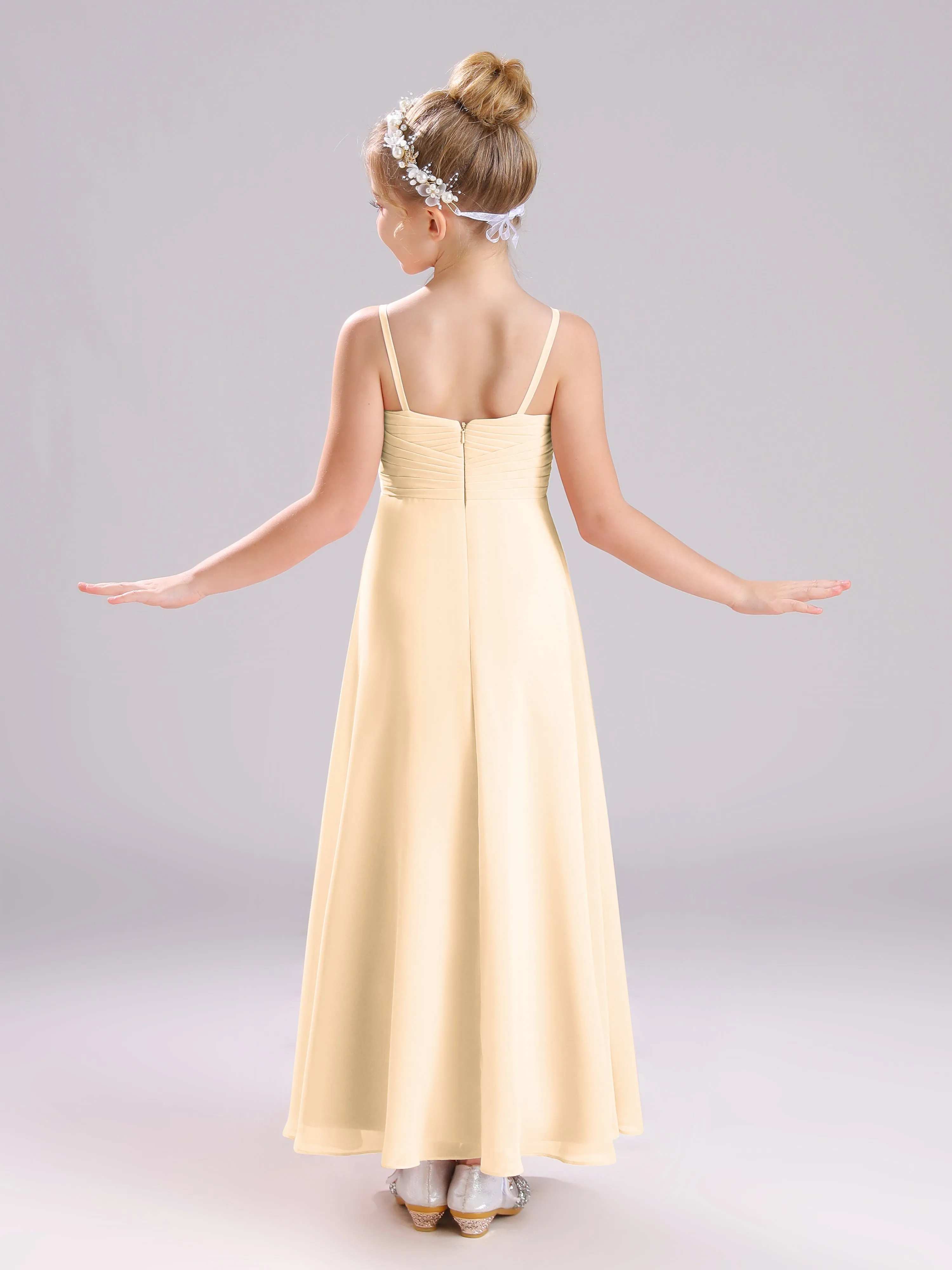 Spaghetti Straps V-Neck Pleats Long Chiffon Junior Bridesmaid Dresses