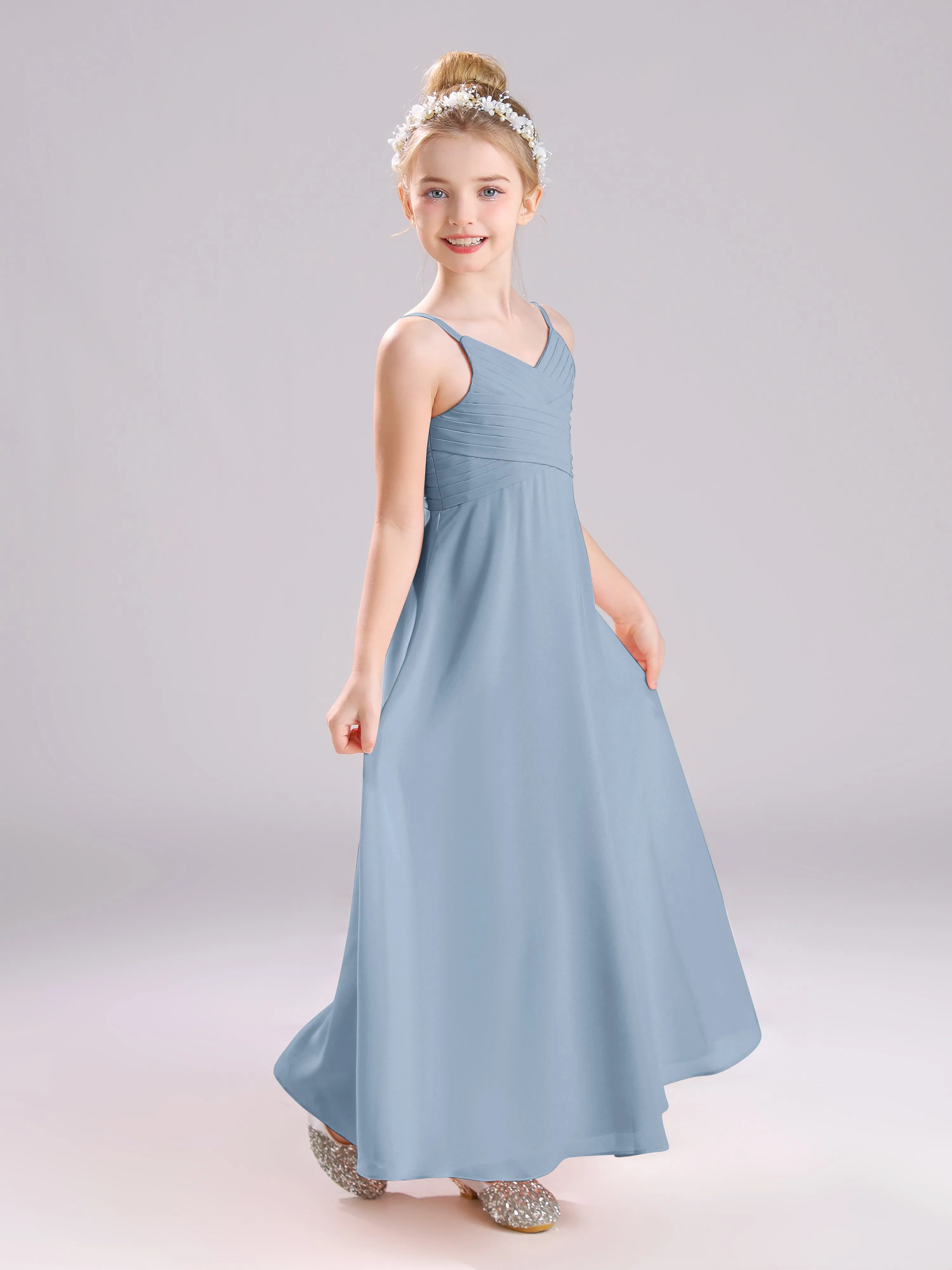 Spaghetti Straps V-Neck Pleats Long Chiffon Junior Bridesmaid Dresses