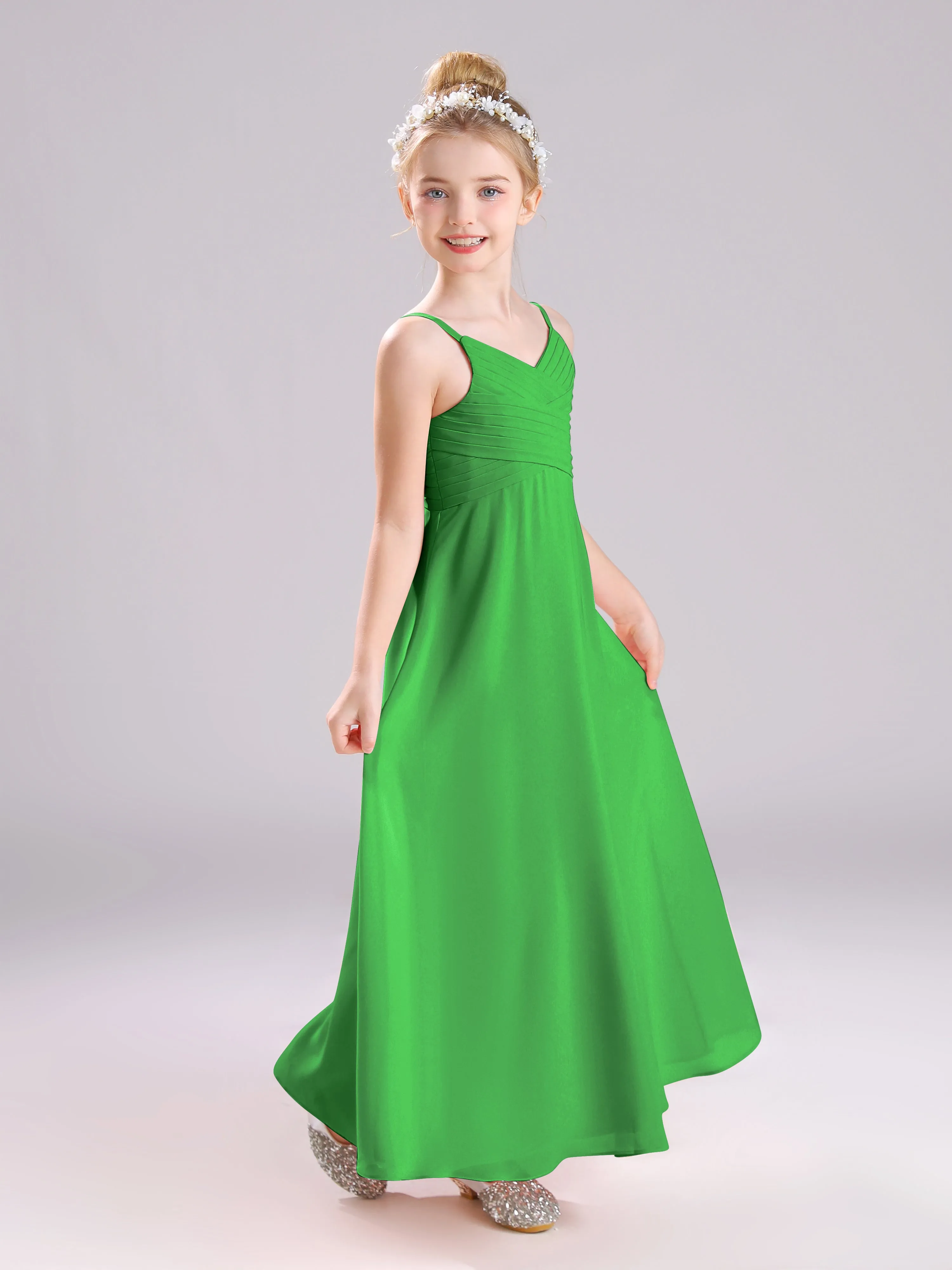 Spaghetti Straps V-Neck Pleats Long Chiffon Junior Bridesmaid Dresses