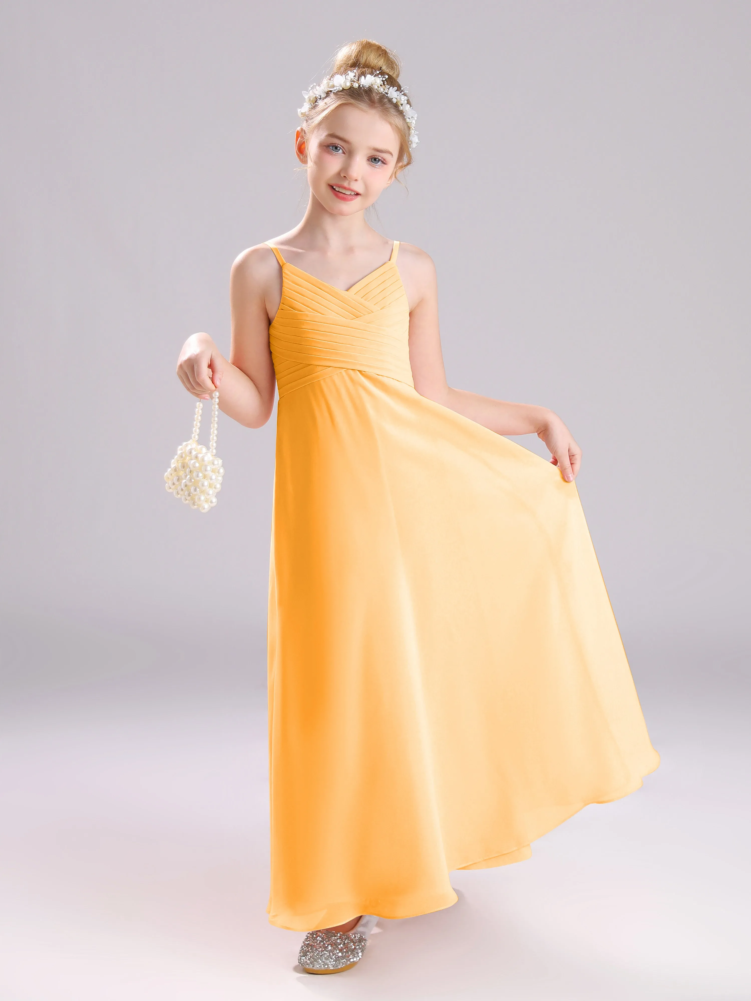 Spaghetti Straps V-Neck Pleats Long Chiffon Junior Bridesmaid Dresses