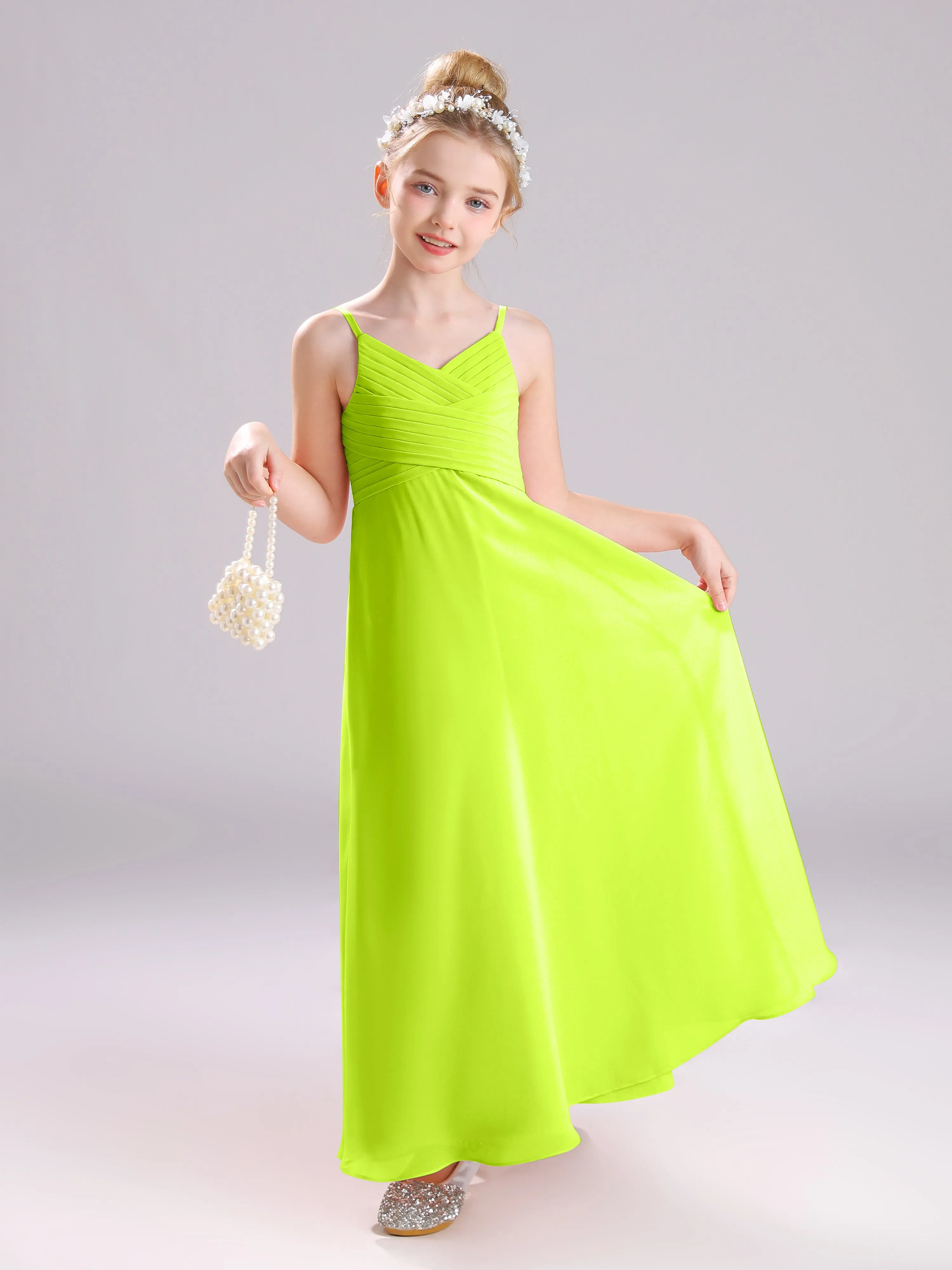 Spaghetti Straps V-Neck Pleats Long Chiffon Junior Bridesmaid Dresses