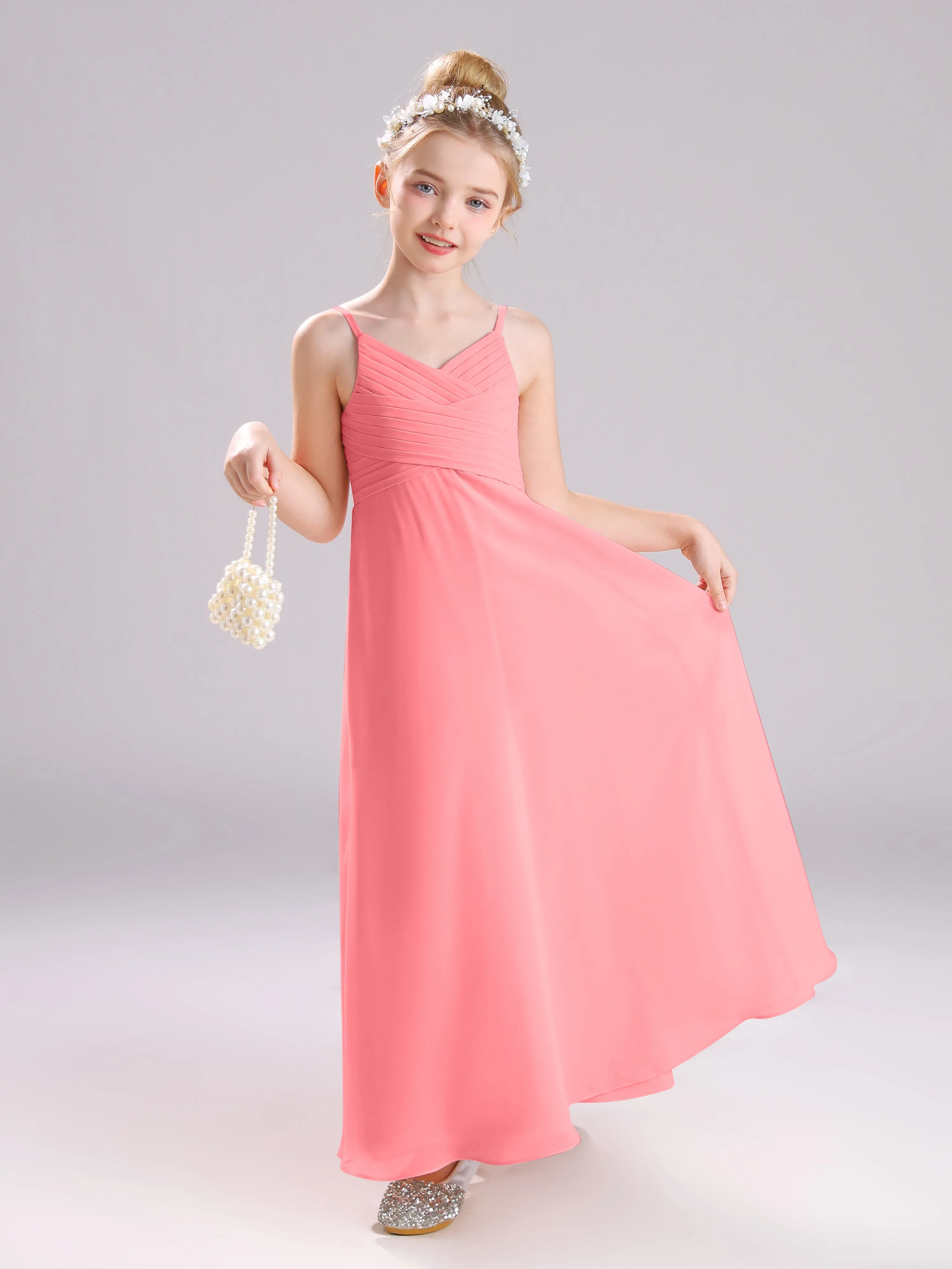 Spaghetti Straps V-Neck Pleats Long Chiffon Junior Bridesmaid Dresses