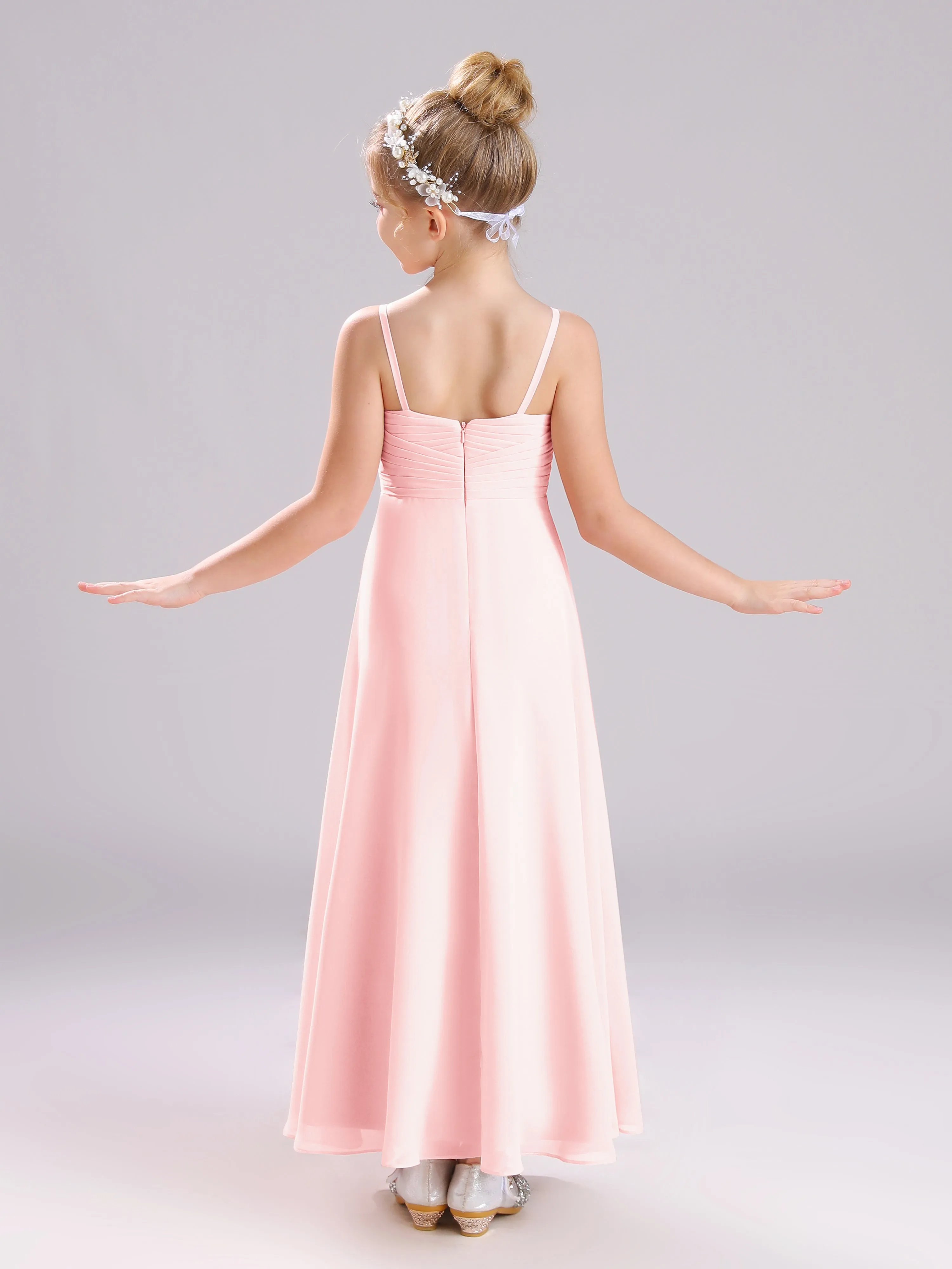 Spaghetti Straps V-Neck Pleats Long Chiffon Junior Bridesmaid Dresses