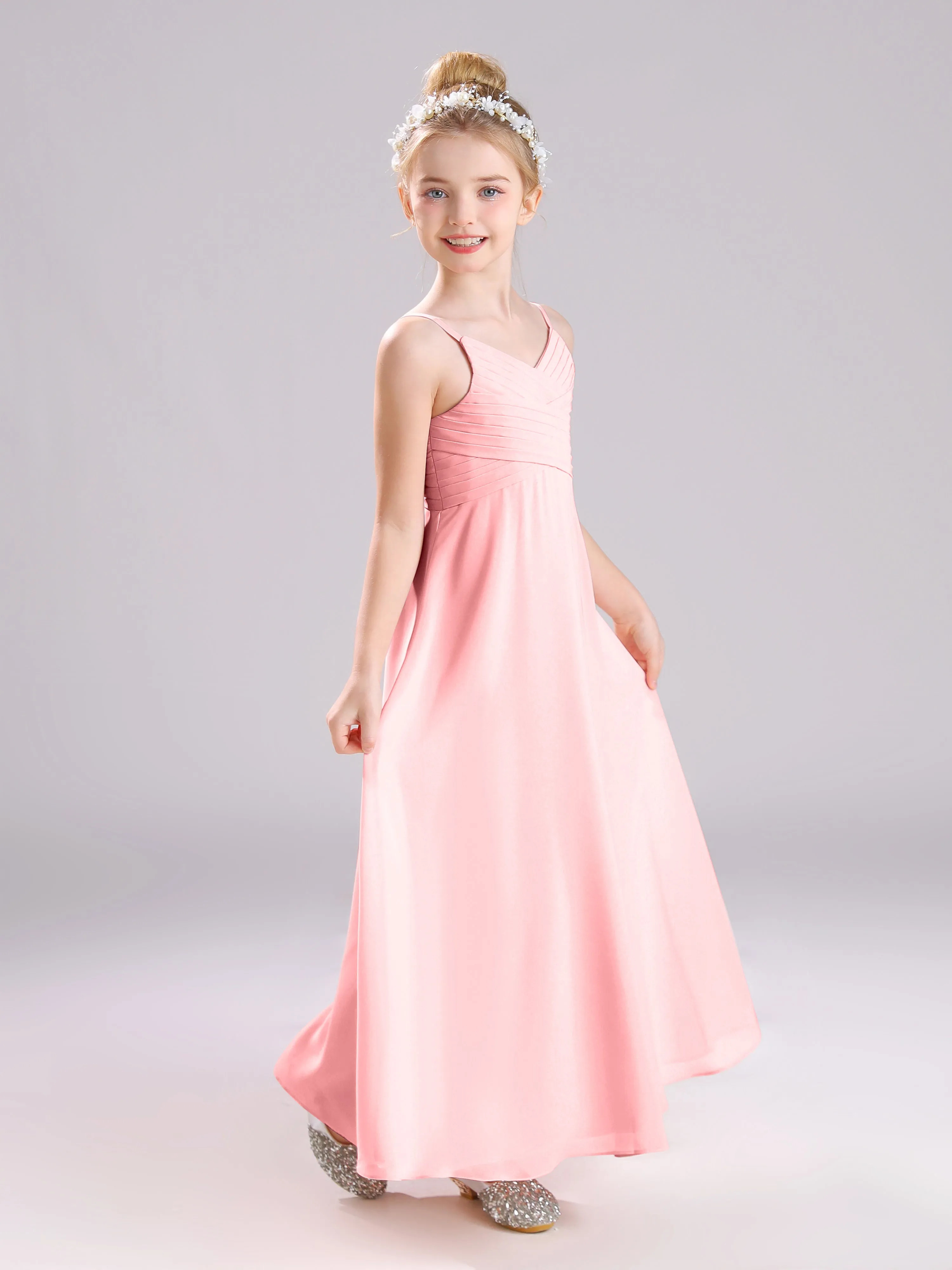 Spaghetti Straps V-Neck Pleats Long Chiffon Junior Bridesmaid Dresses