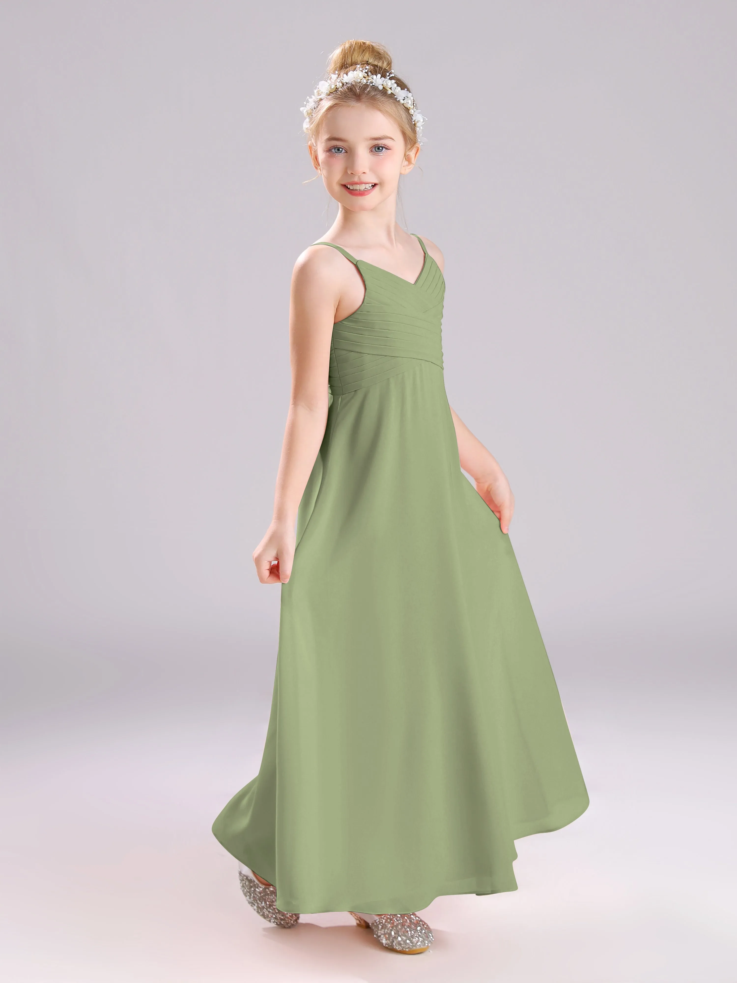 Spaghetti Straps V-Neck Pleats Long Chiffon Junior Bridesmaid Dresses