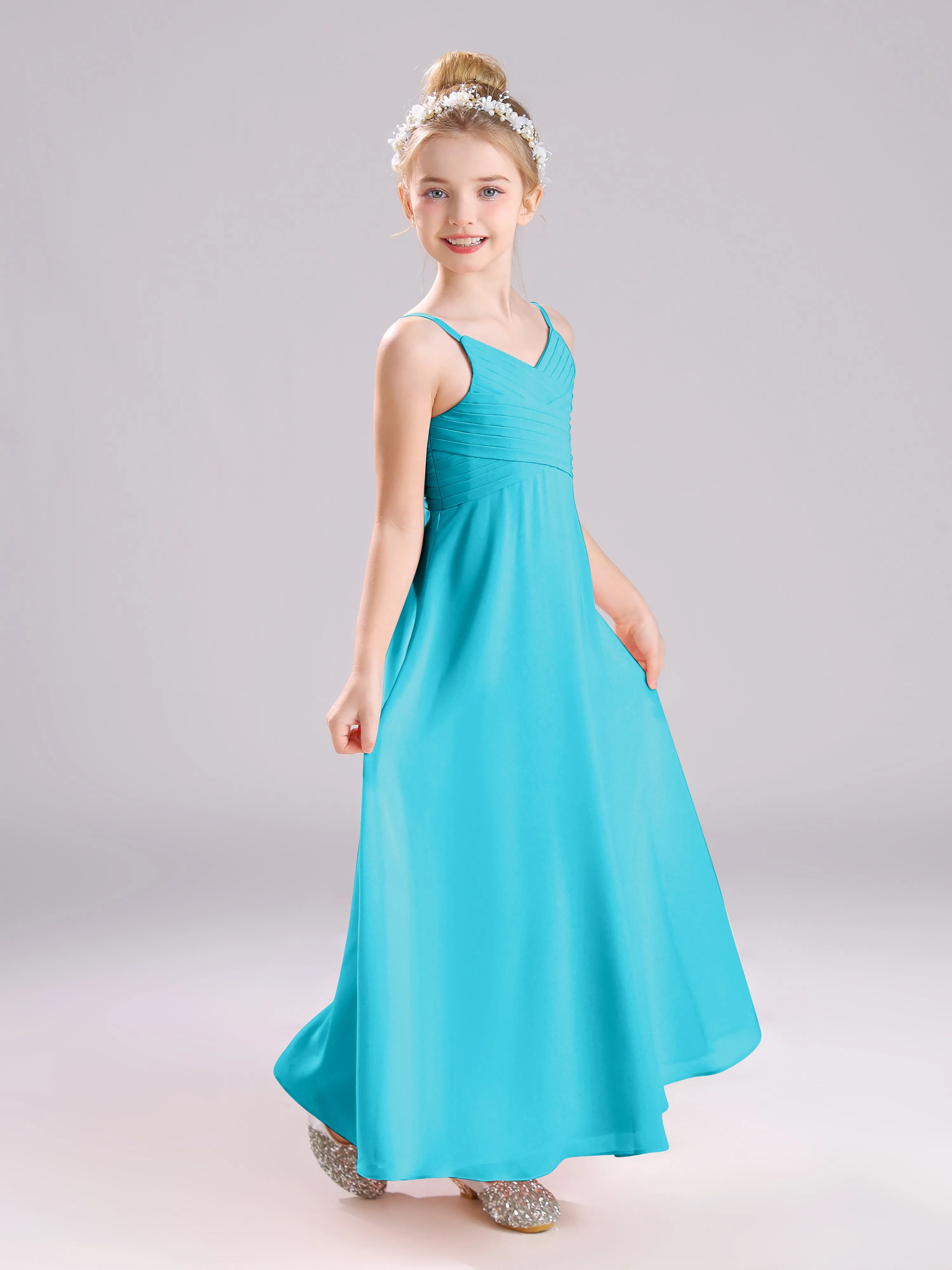 Spaghetti Straps V-Neck Pleats Long Chiffon Junior Bridesmaid Dresses