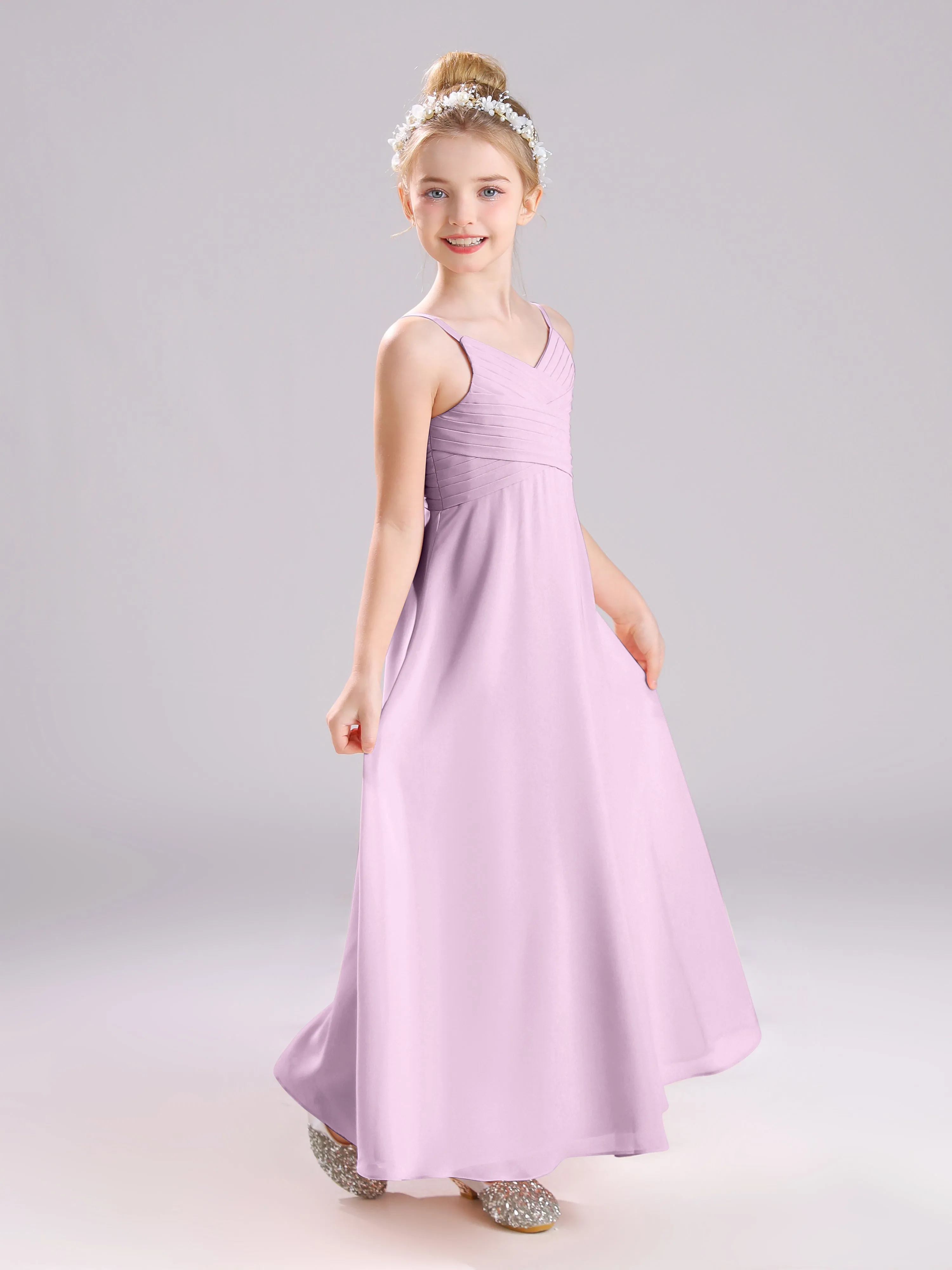 Spaghetti Straps V-Neck Pleats Long Chiffon Junior Bridesmaid Dresses