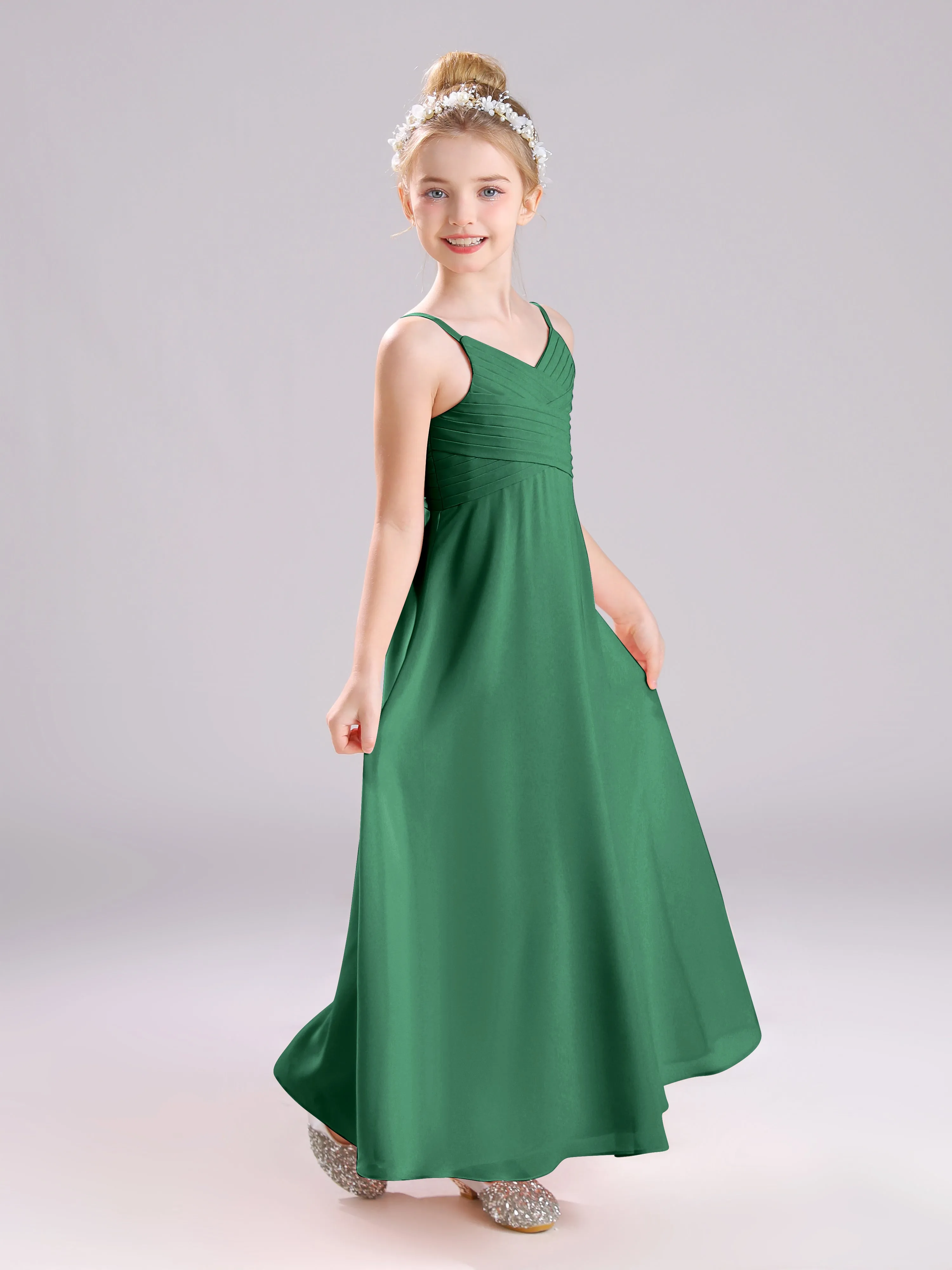 Spaghetti Straps V-Neck Pleats Long Chiffon Junior Bridesmaid Dresses