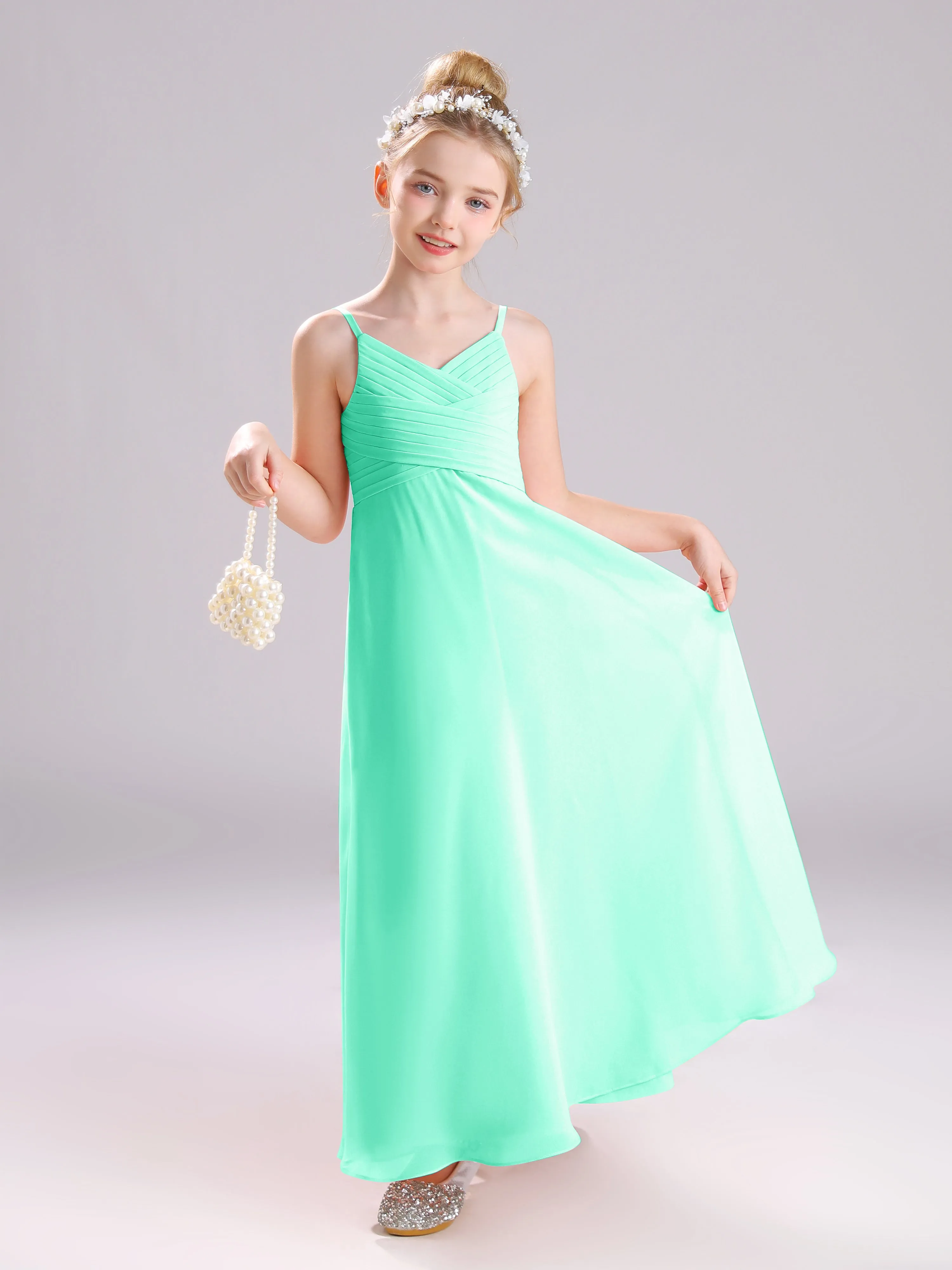 Spaghetti Straps V-Neck Pleats Long Chiffon Junior Bridesmaid Dresses