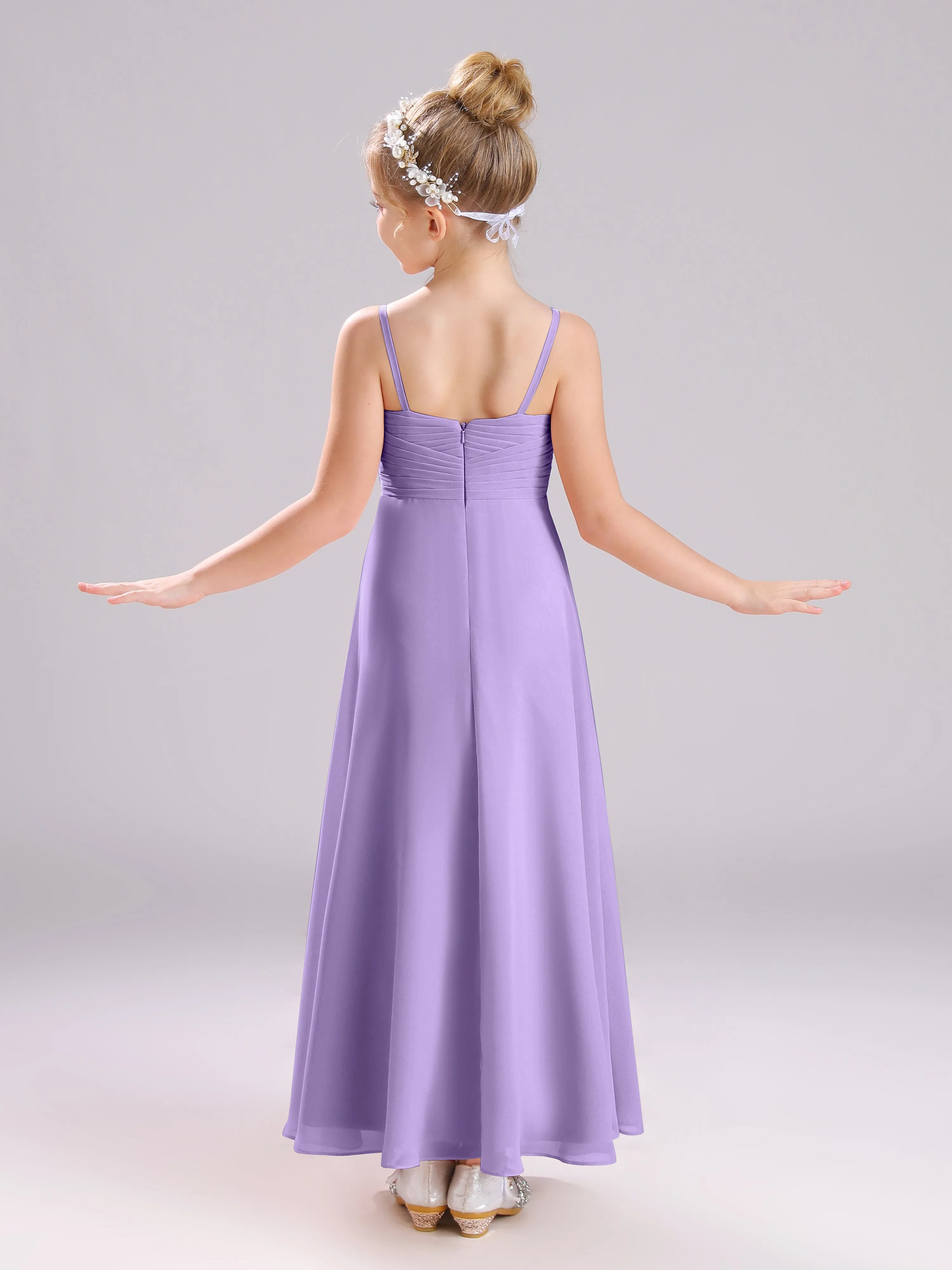 Spaghetti Straps V-Neck Pleats Long Chiffon Junior Bridesmaid Dresses