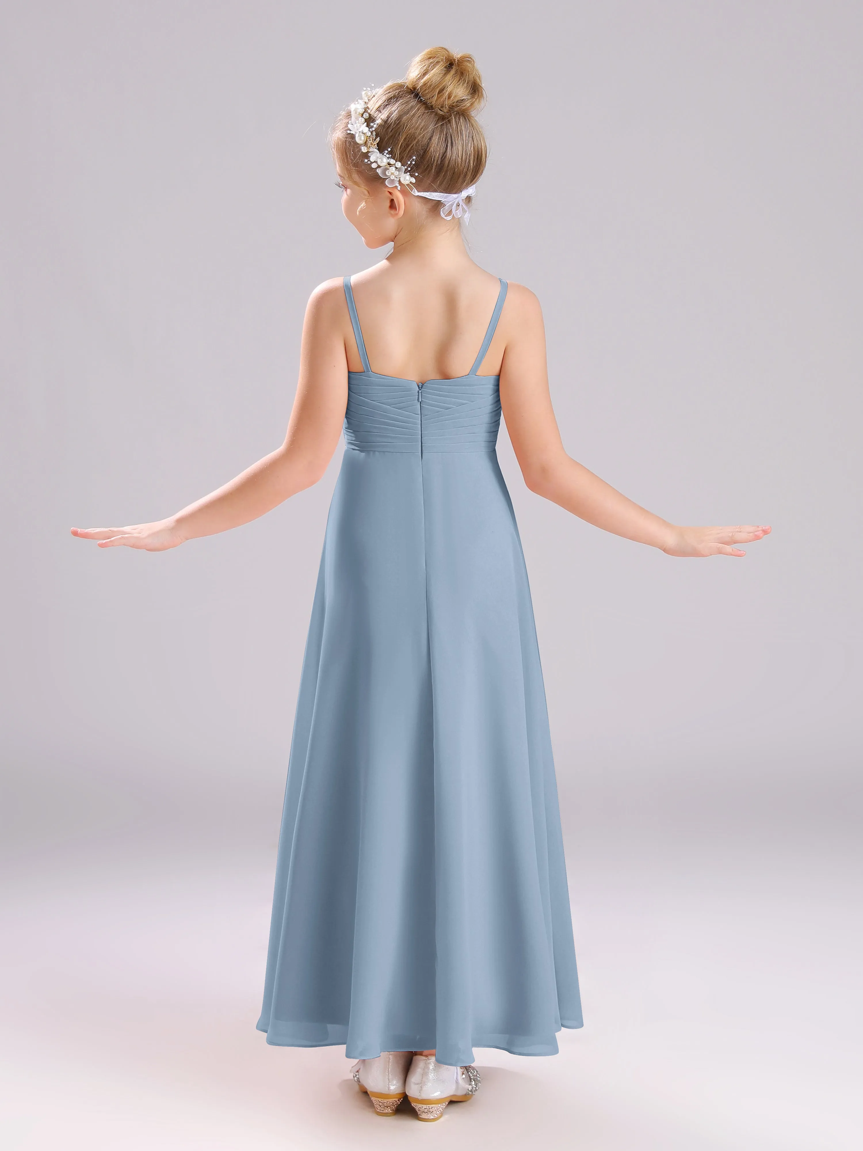 Spaghetti Straps V-Neck Pleats Long Chiffon Junior Bridesmaid Dresses