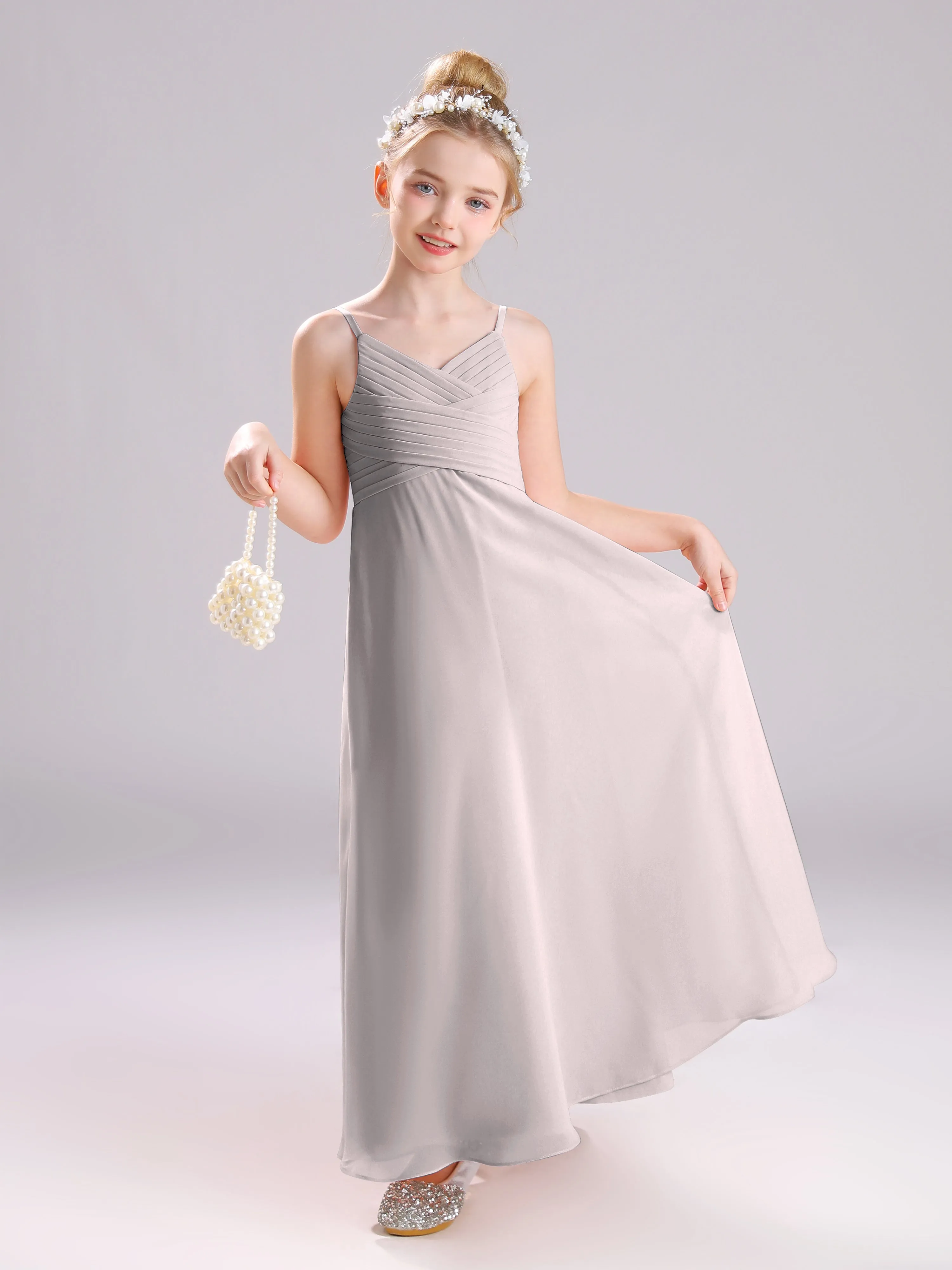 Spaghetti Straps V-Neck Pleats Long Chiffon Junior Bridesmaid Dresses