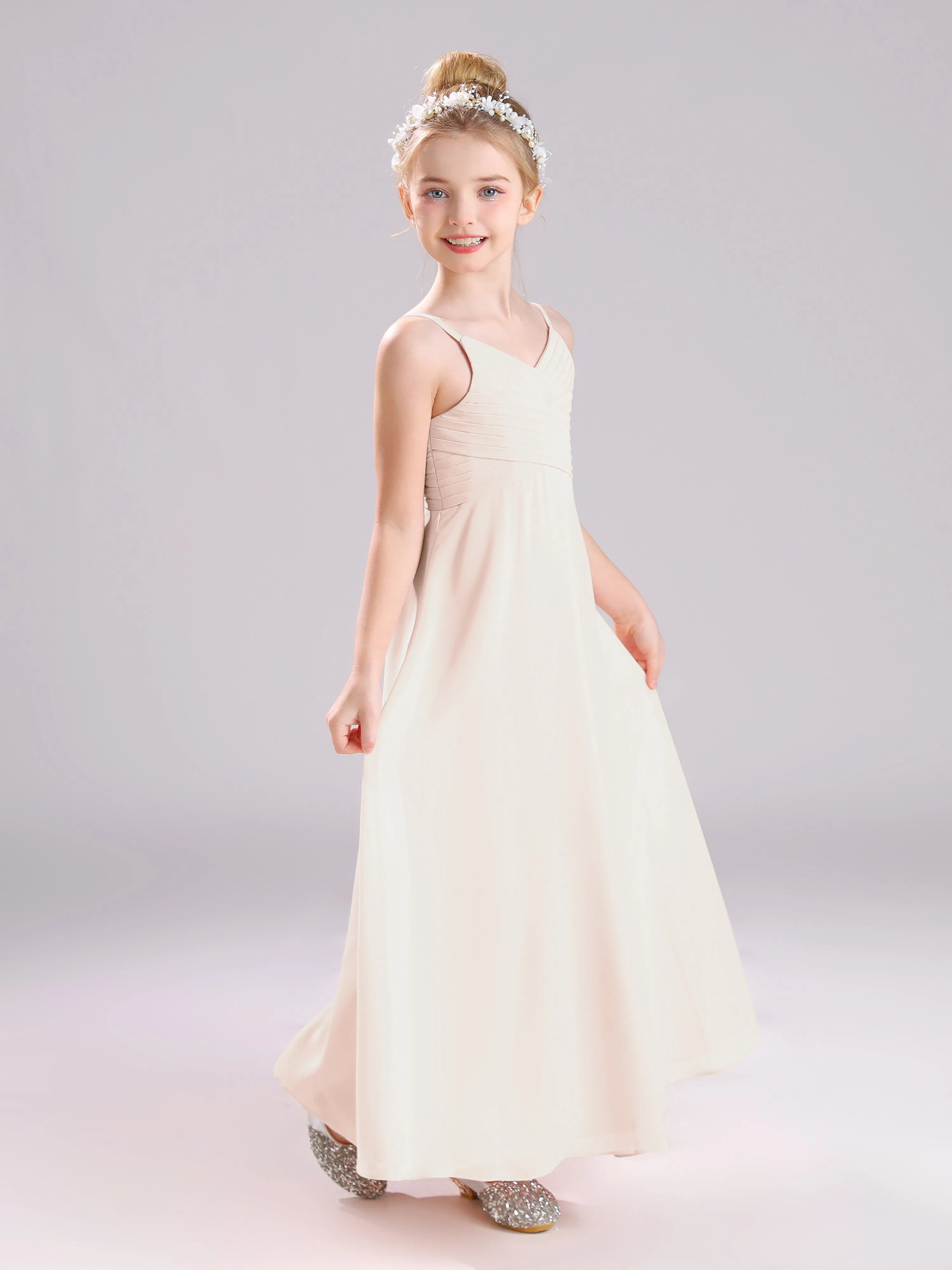 Spaghetti Straps V-Neck Pleats Long Chiffon Junior Bridesmaid Dresses