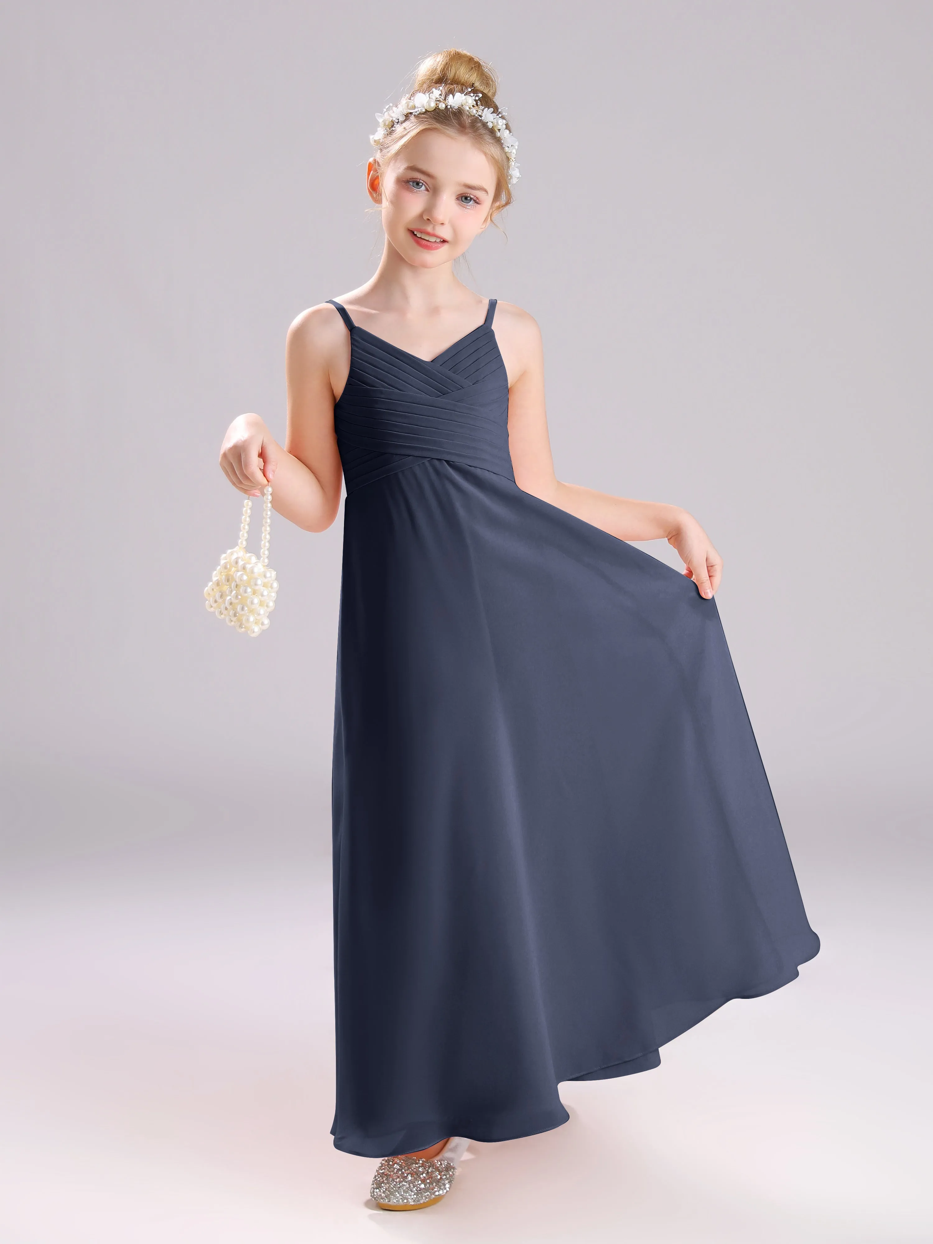 Spaghetti Straps V-Neck Pleats Long Chiffon Junior Bridesmaid Dresses