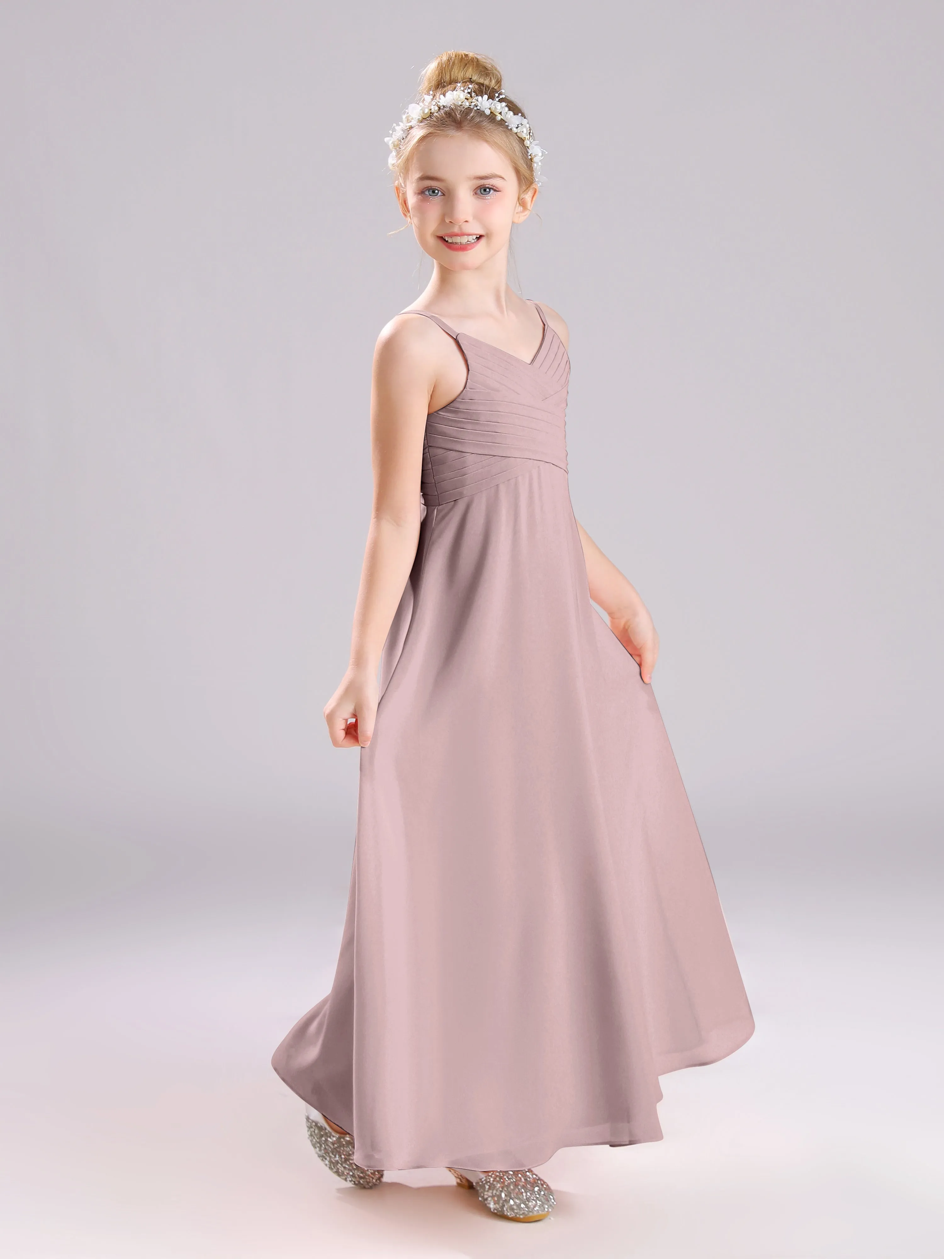 Spaghetti Straps V-Neck Pleats Long Chiffon Junior Bridesmaid Dresses