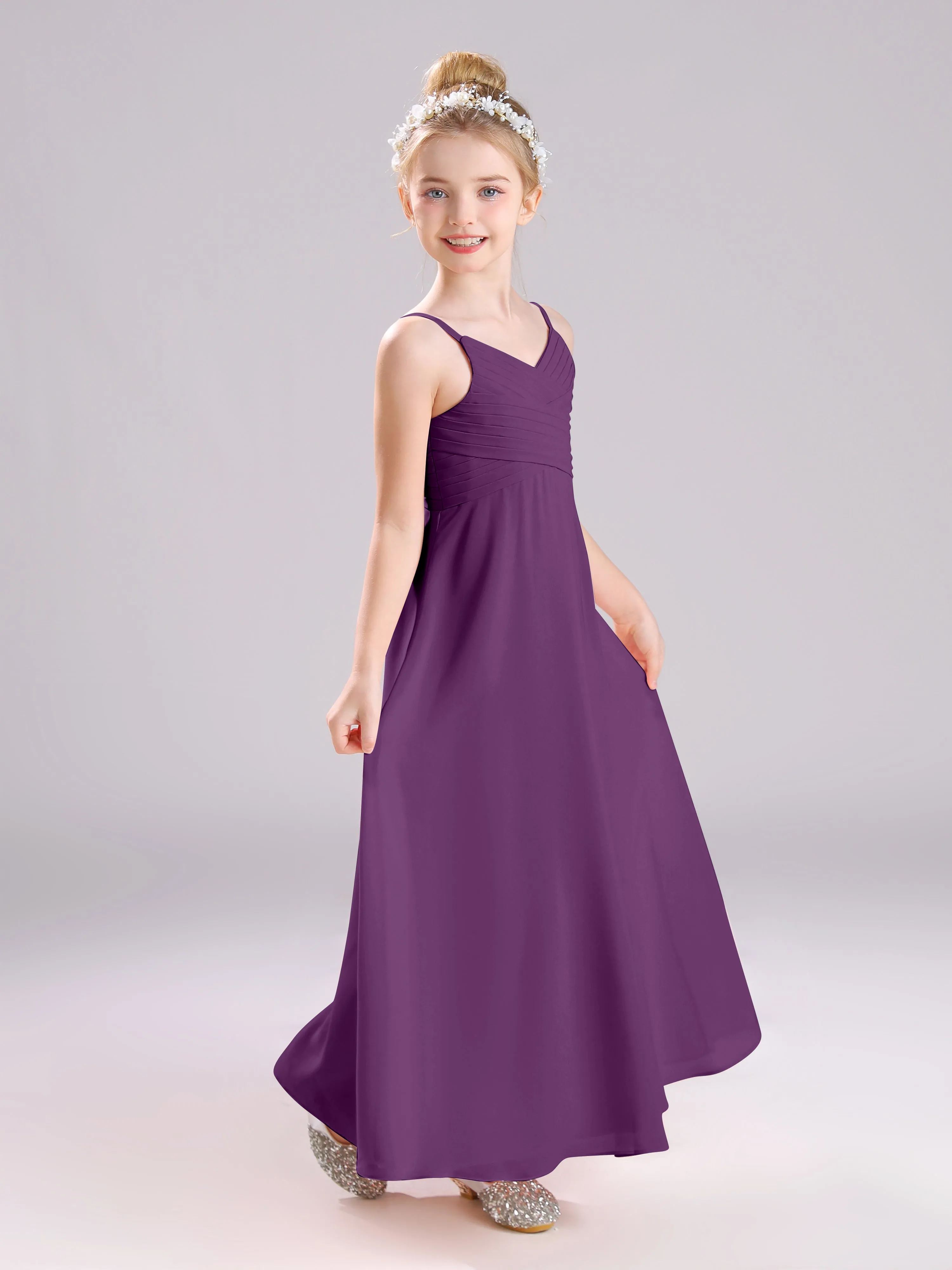 Spaghetti Straps V-Neck Pleats Long Chiffon Junior Bridesmaid Dresses