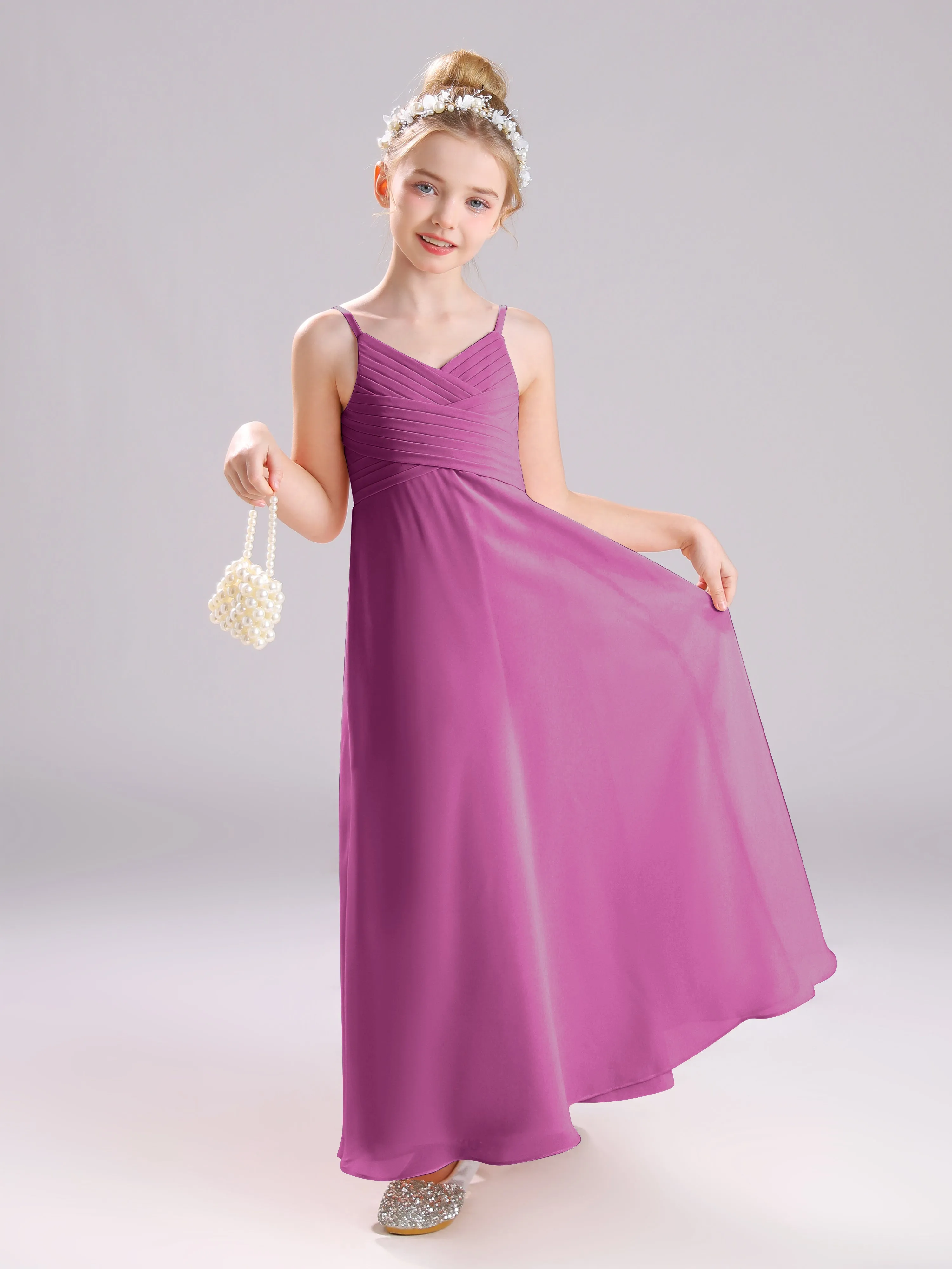 Spaghetti Straps V-Neck Pleats Long Chiffon Junior Bridesmaid Dresses