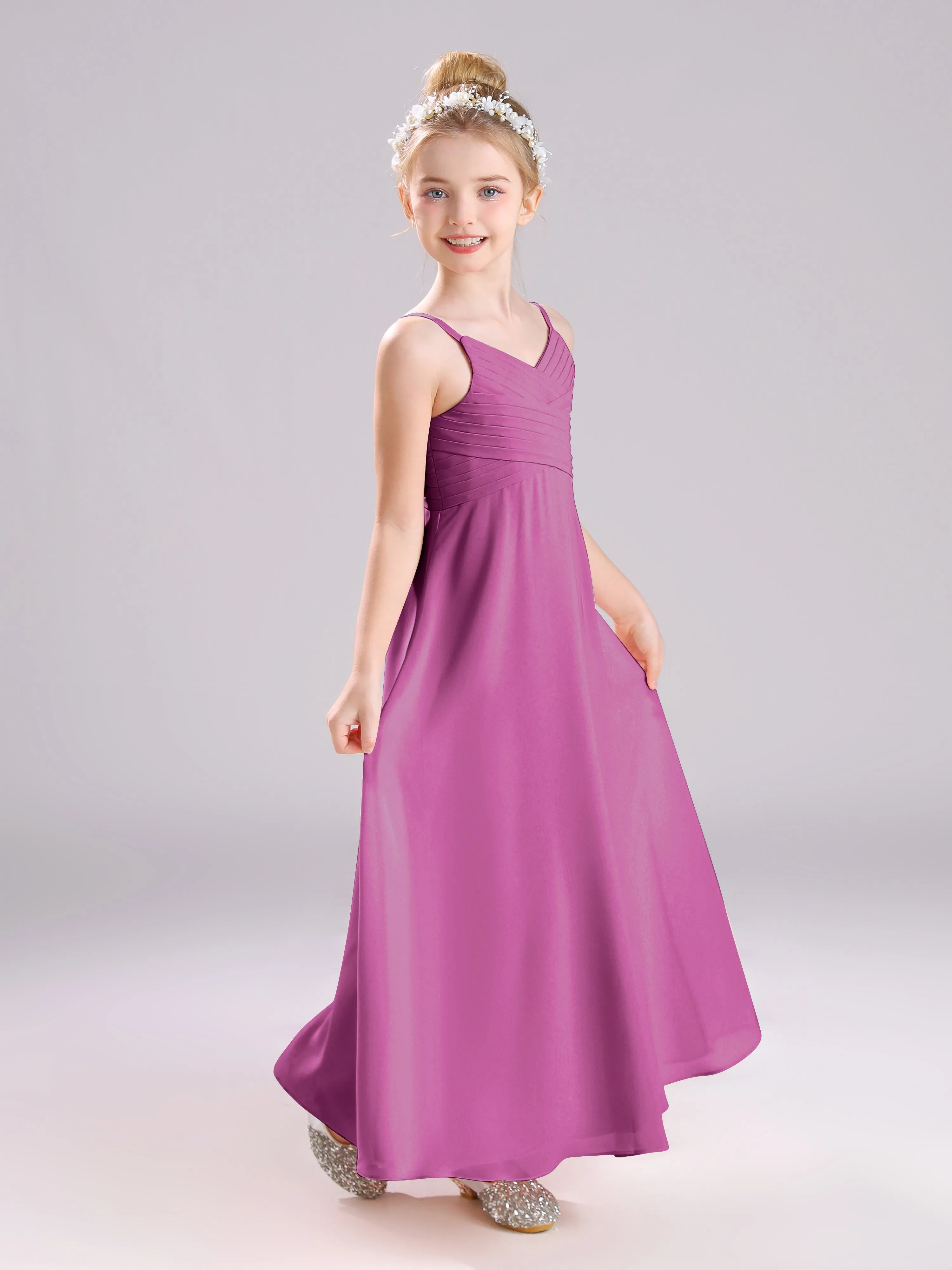 Spaghetti Straps V-Neck Pleats Long Chiffon Junior Bridesmaid Dresses