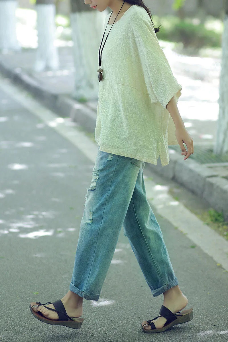 Summer casual linen top with half sleeve for women J009-6